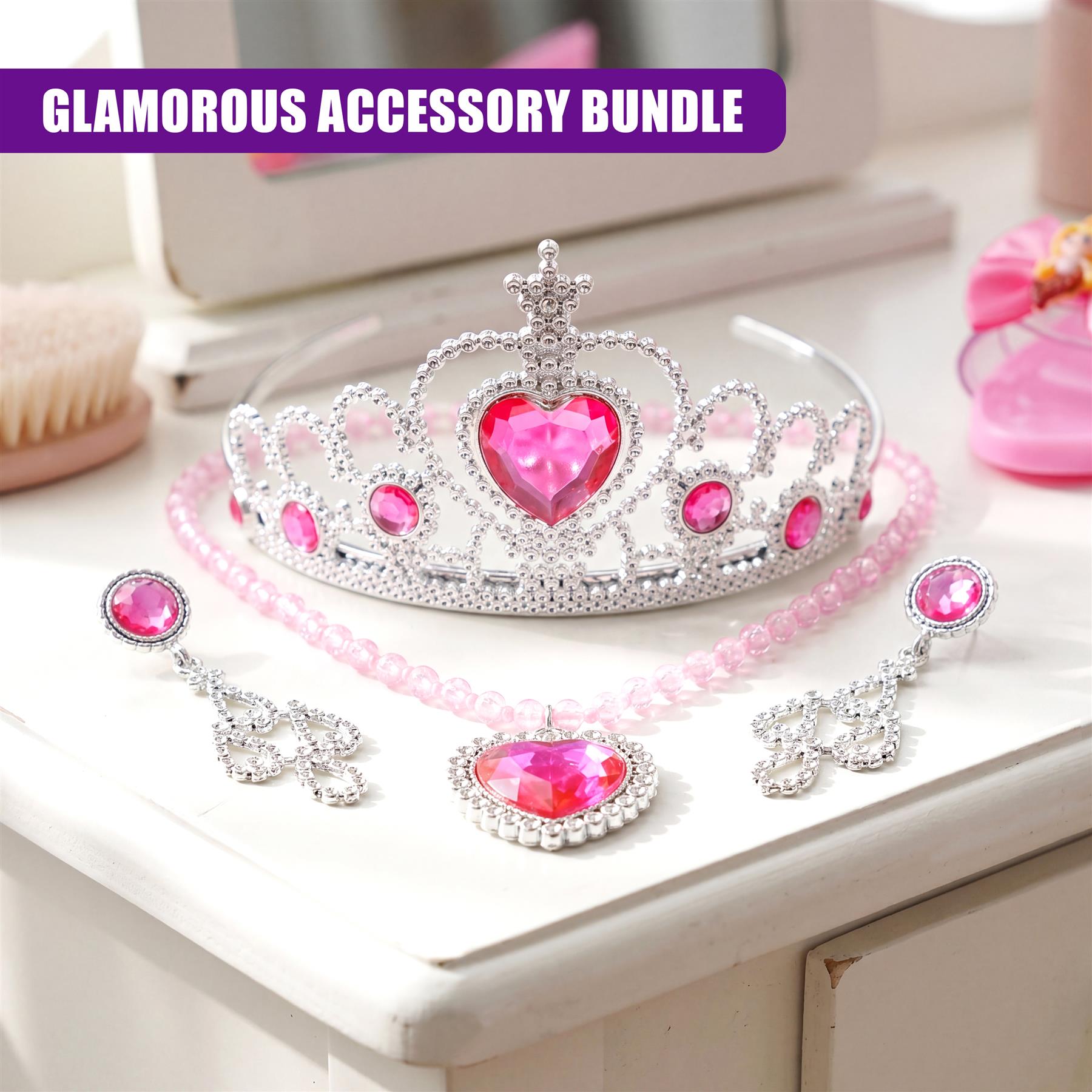 A princess accessory bundle featuring a rhinestone tiara, necklace, and matching dangle earrings.