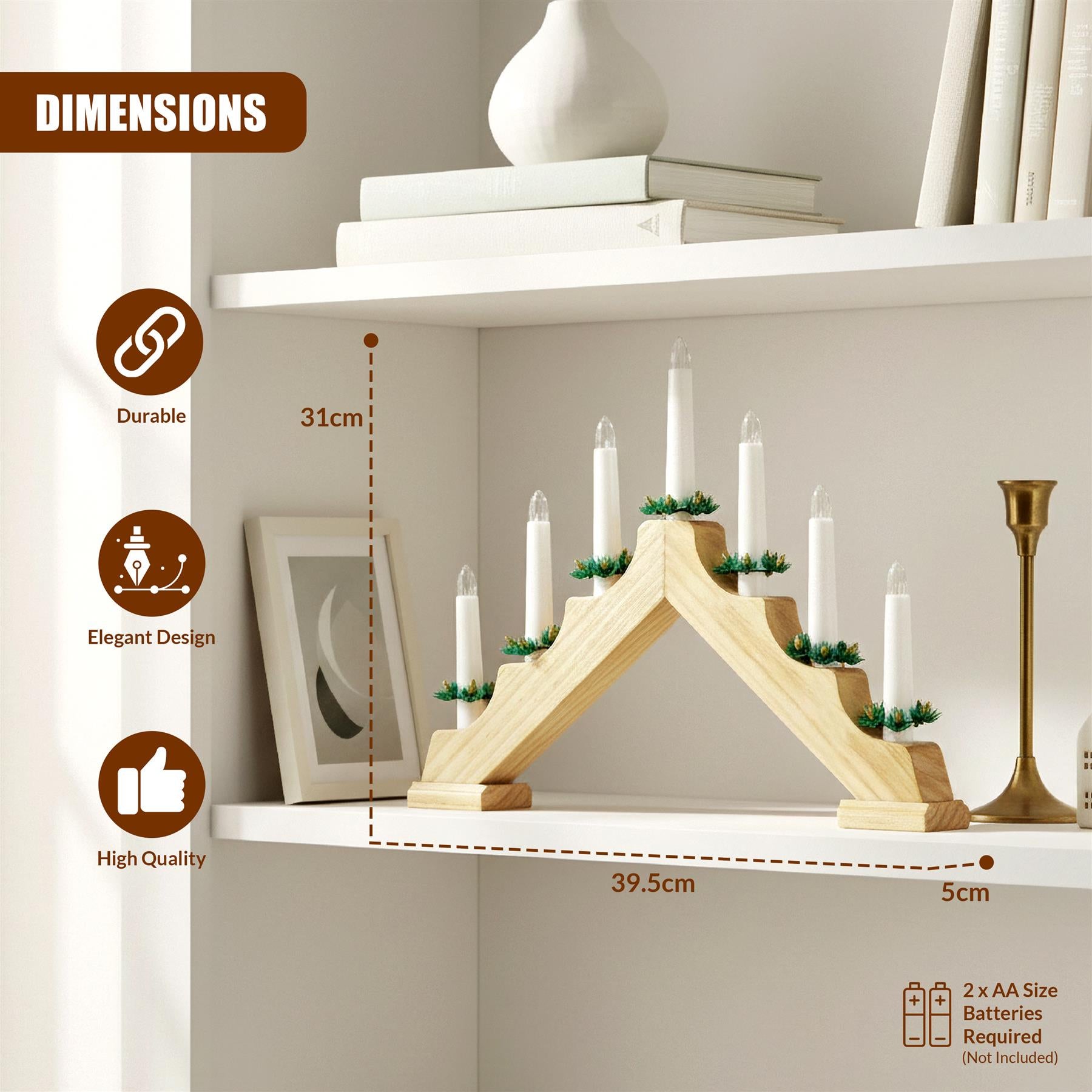 A wooden candle holder with a unique, three-tiered design, featuring a central arch and two side pillars, holding multiple candles. The holder is made of natural wood, with a warm, brown color, and has a simple, minimalist design. - The Magic Toy Shop