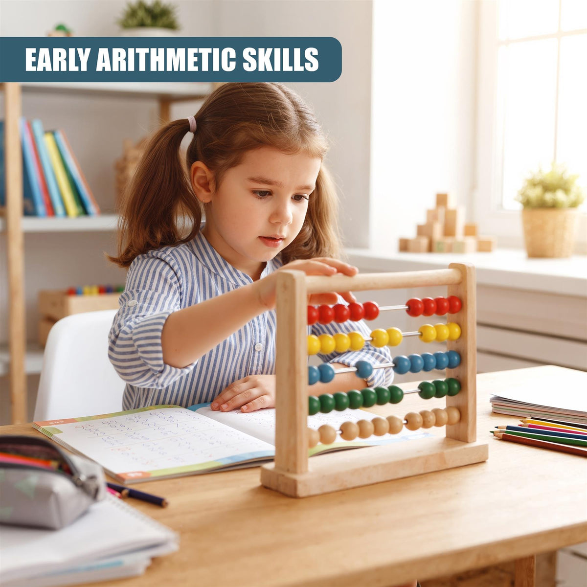 A young girl uses a wooden abacus with coloured beads to learn arithmetic skills