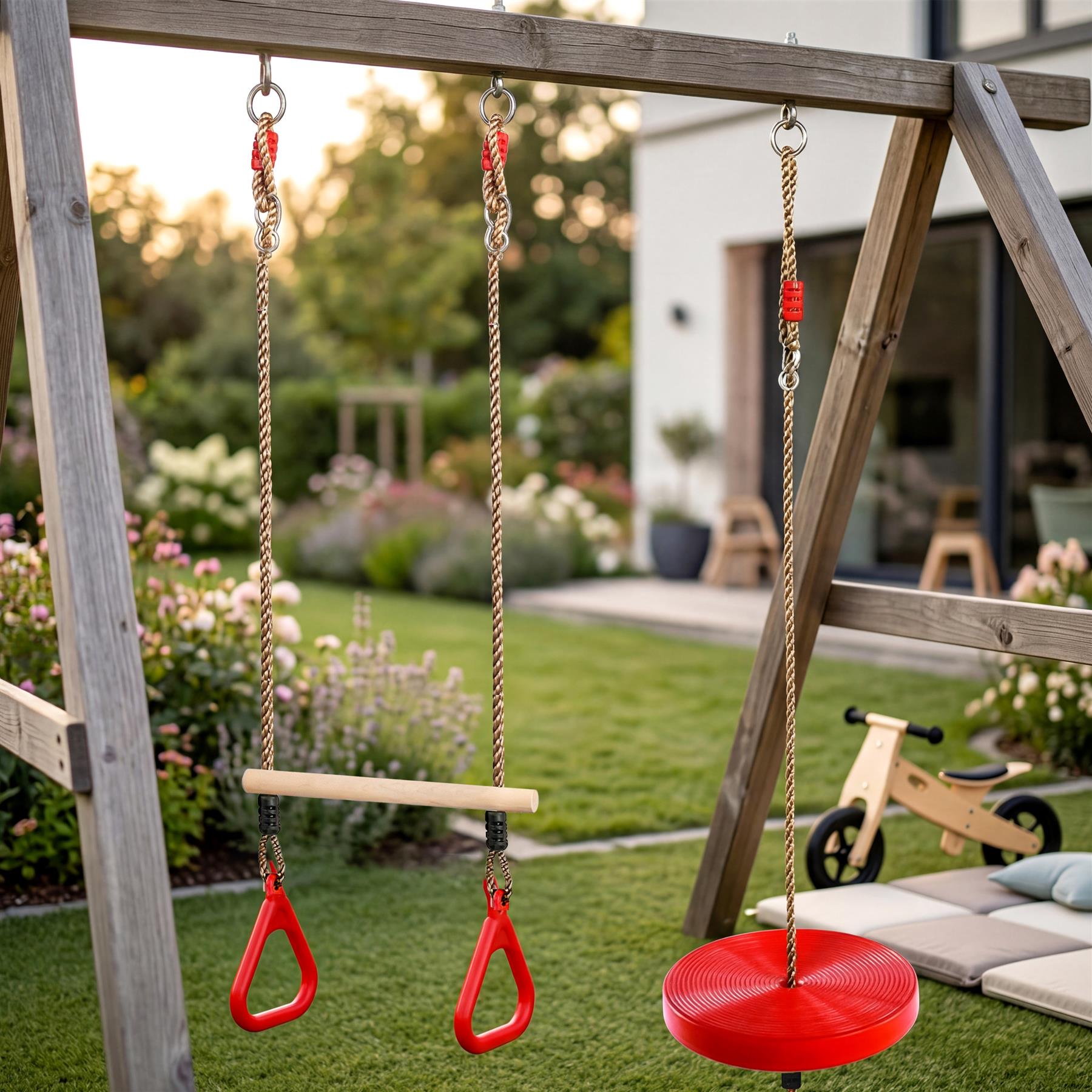 Swing set frame holds three suspended swings: two bar swings and one round red seat swing.