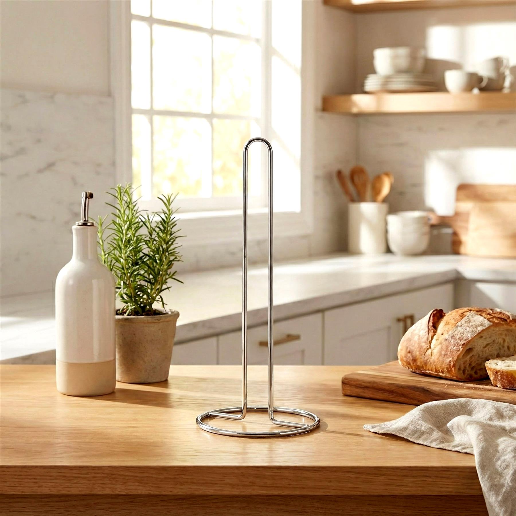A stainless steel paper towel holder with a simple, modern design. It features a slender, curved base and a tall, slender central support that holds multiple sheets of paper. - The Magic Toy Shop