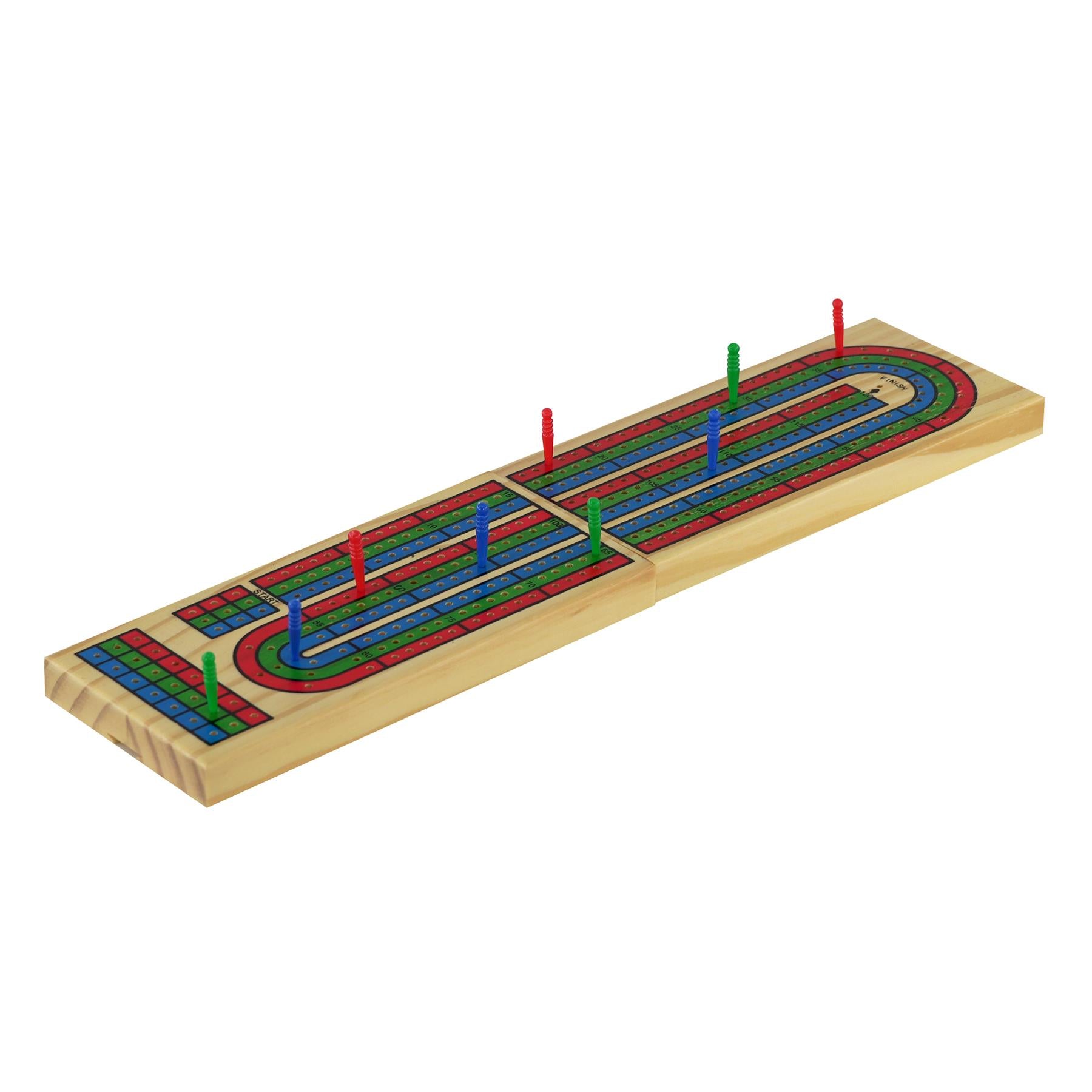 Wooden cribbage board with painted scoring paths and multiple colorful pegs.