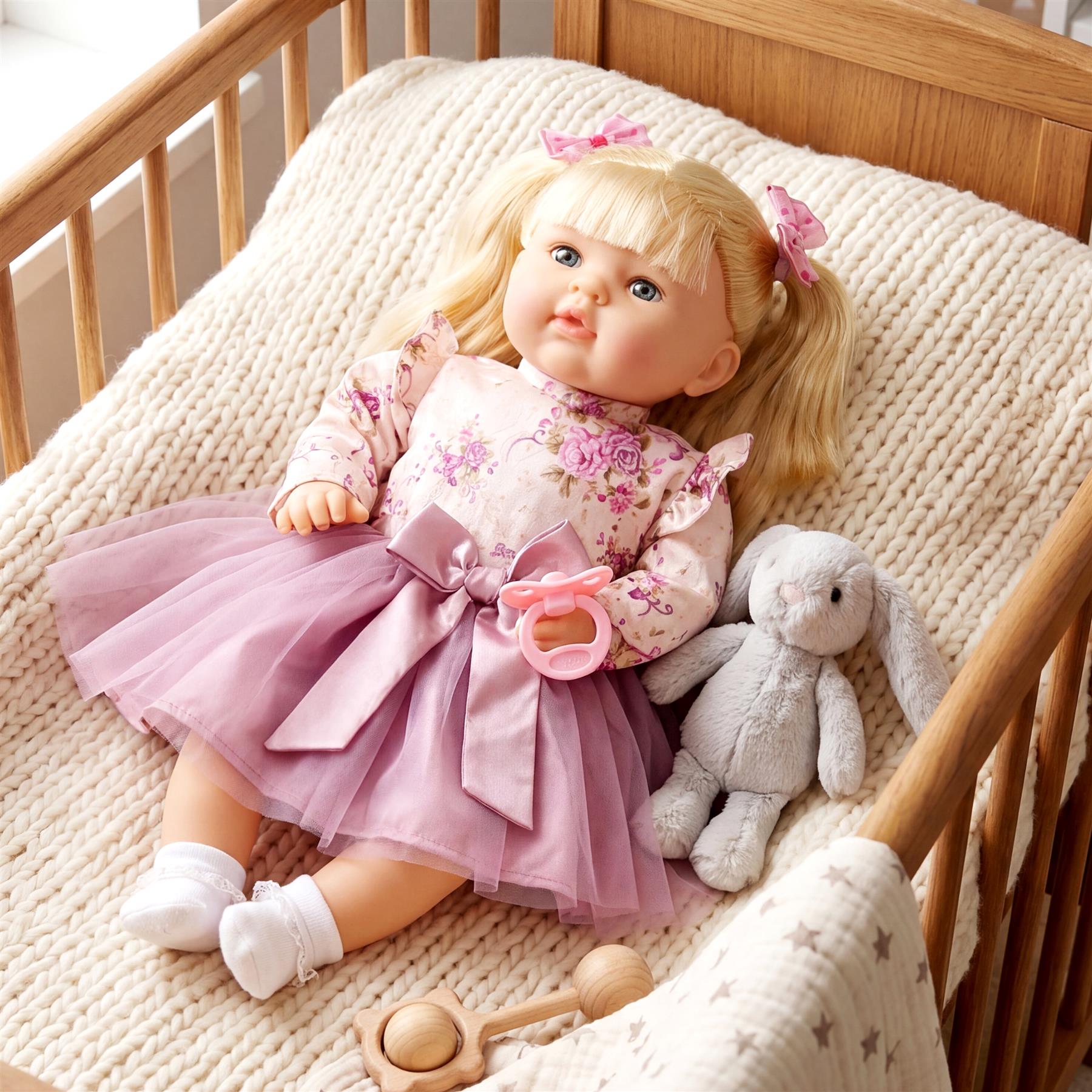 Blonde doll in a pink outfit lies in a crib with a stuffed bunny and wooden toys.