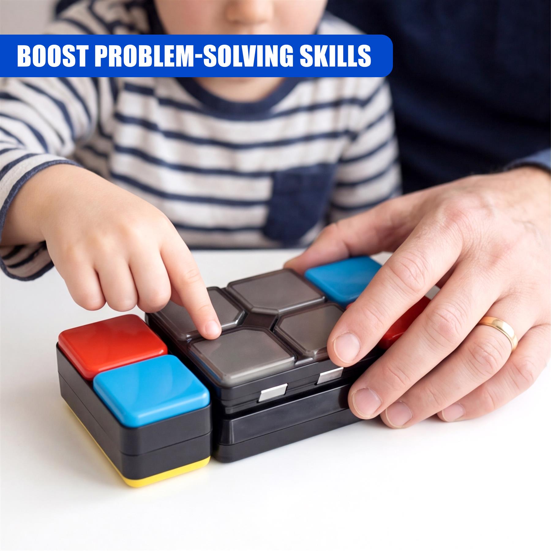 Child and adult hands interacting with a handheld, segmented, multi-colored puzzle cube.