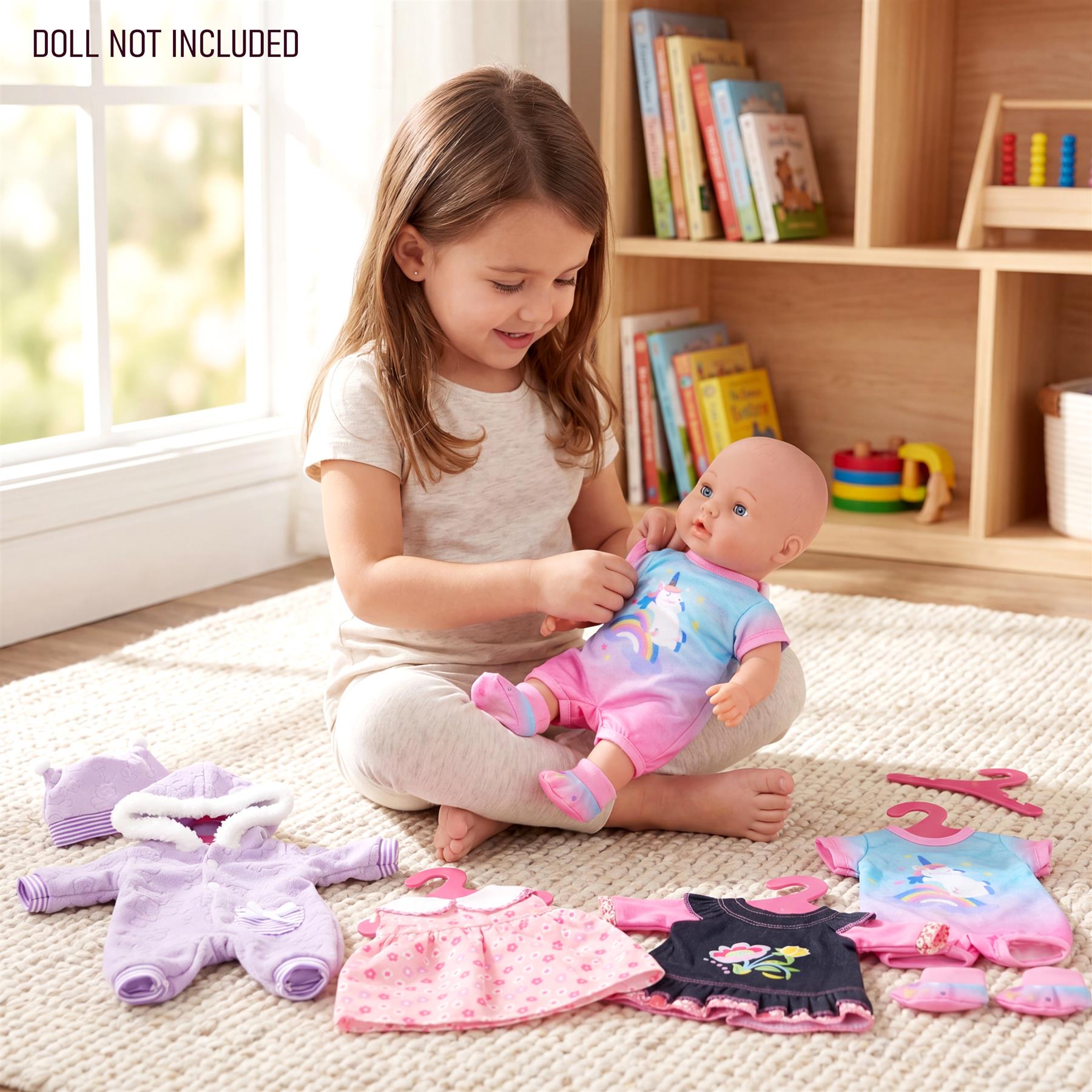Assortment of colorful doll clothing, including sleepers, dresses, and tops, laid out on a carpet.