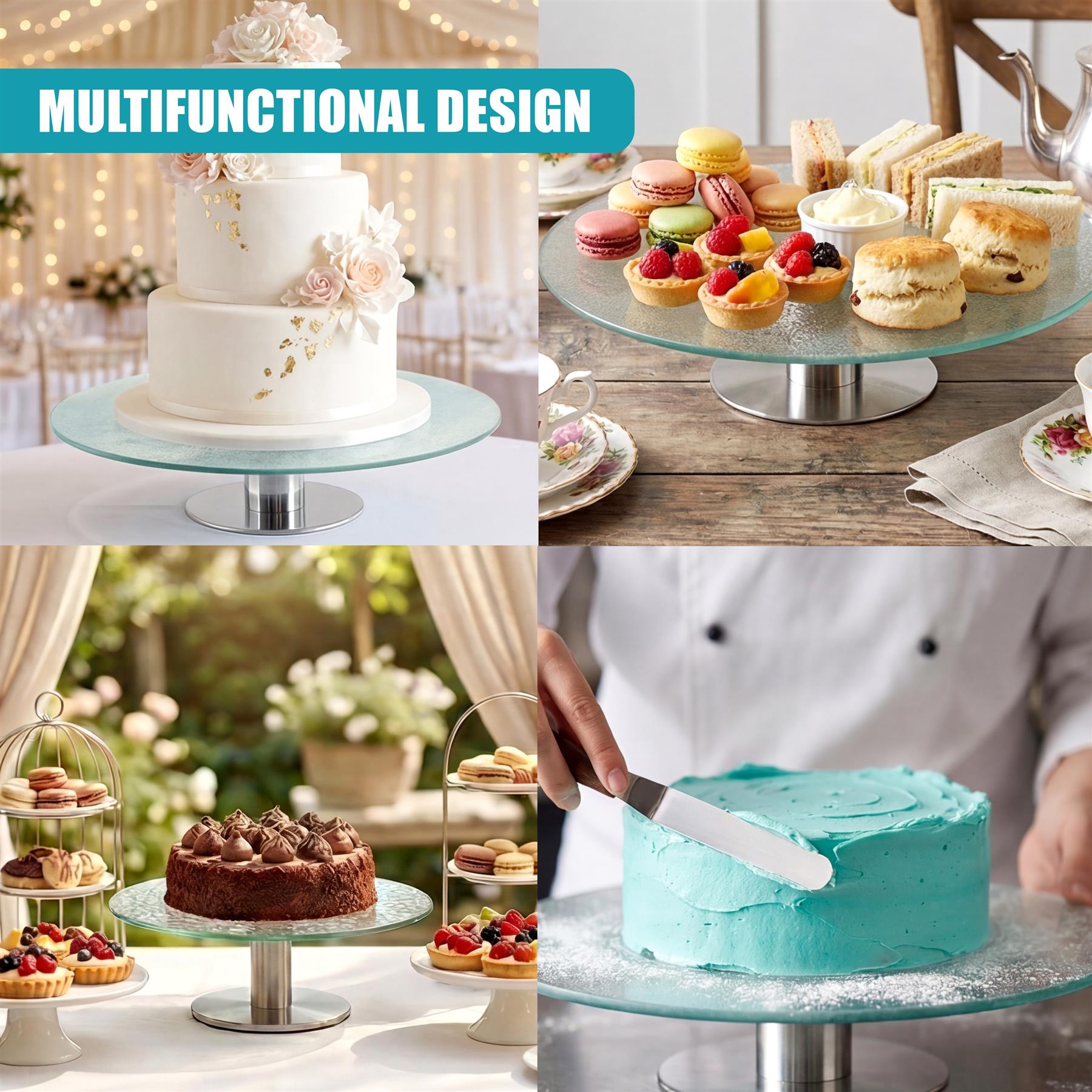 A glass, multi-tiered cake stand used to display various desserts and pastries.