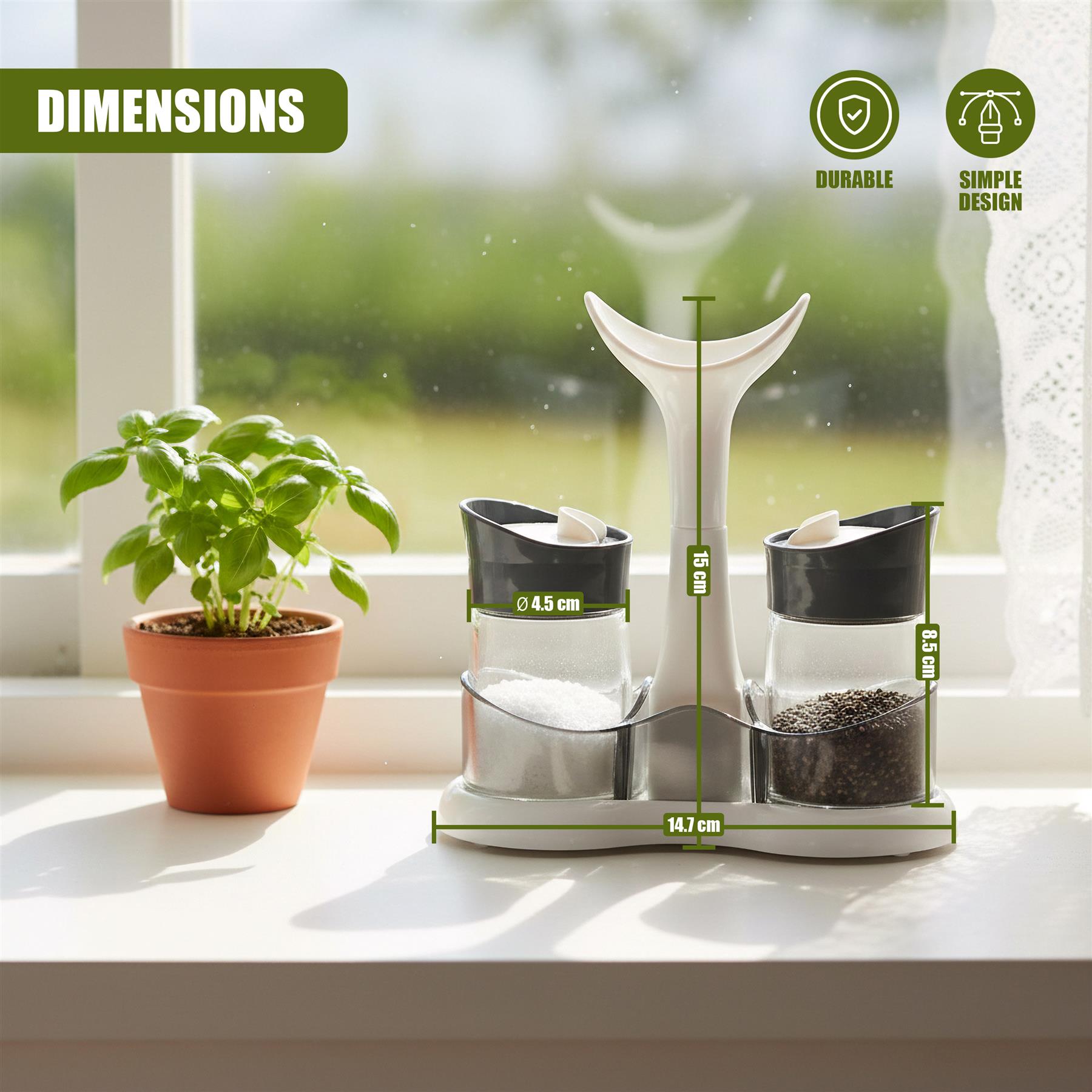 A three-piece ceramic salt and pepper shaker set displayed on a windowsill next to a potted plant.