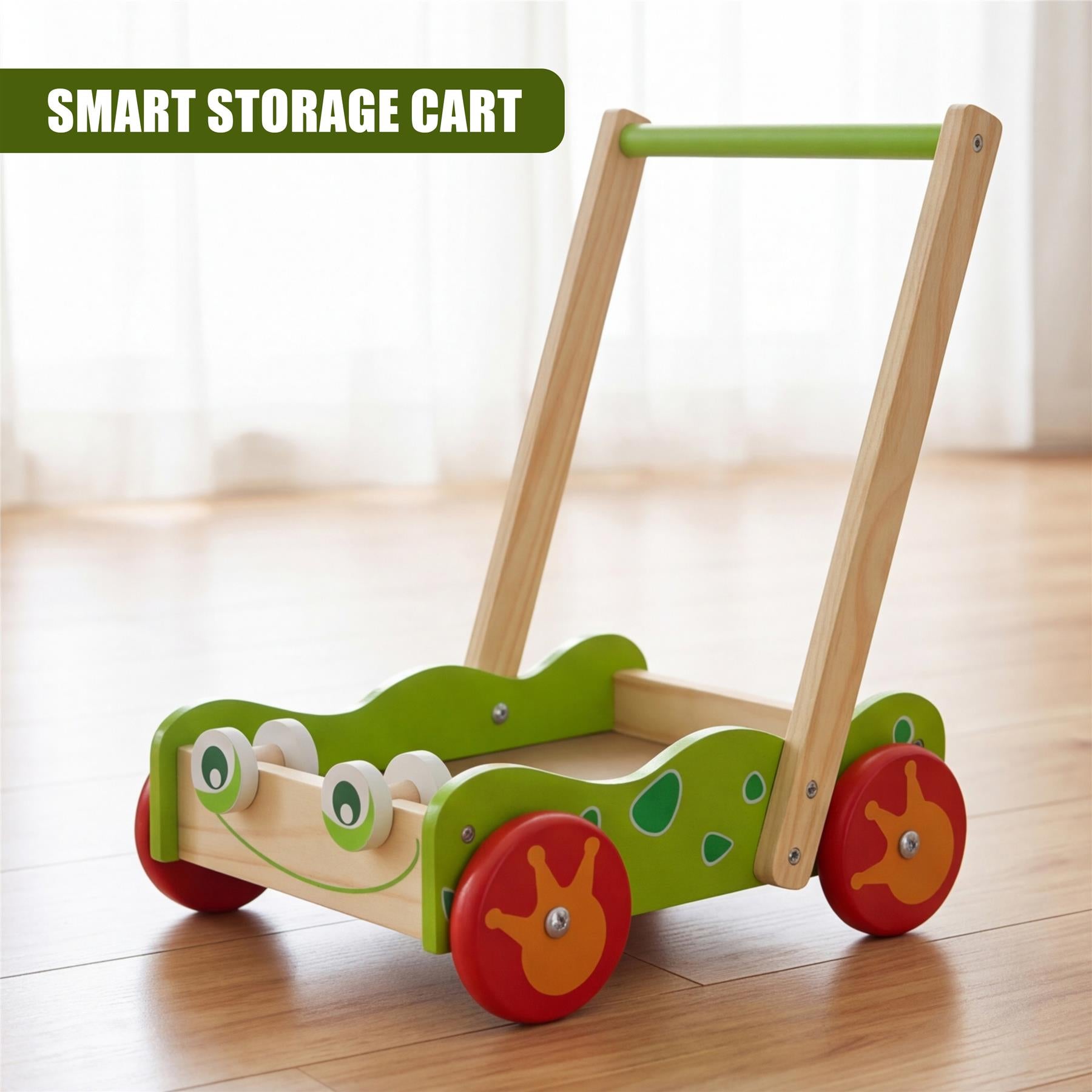 Green and natural wood baby walker cart featuring a wide base, high handles, and four rolling wheels.