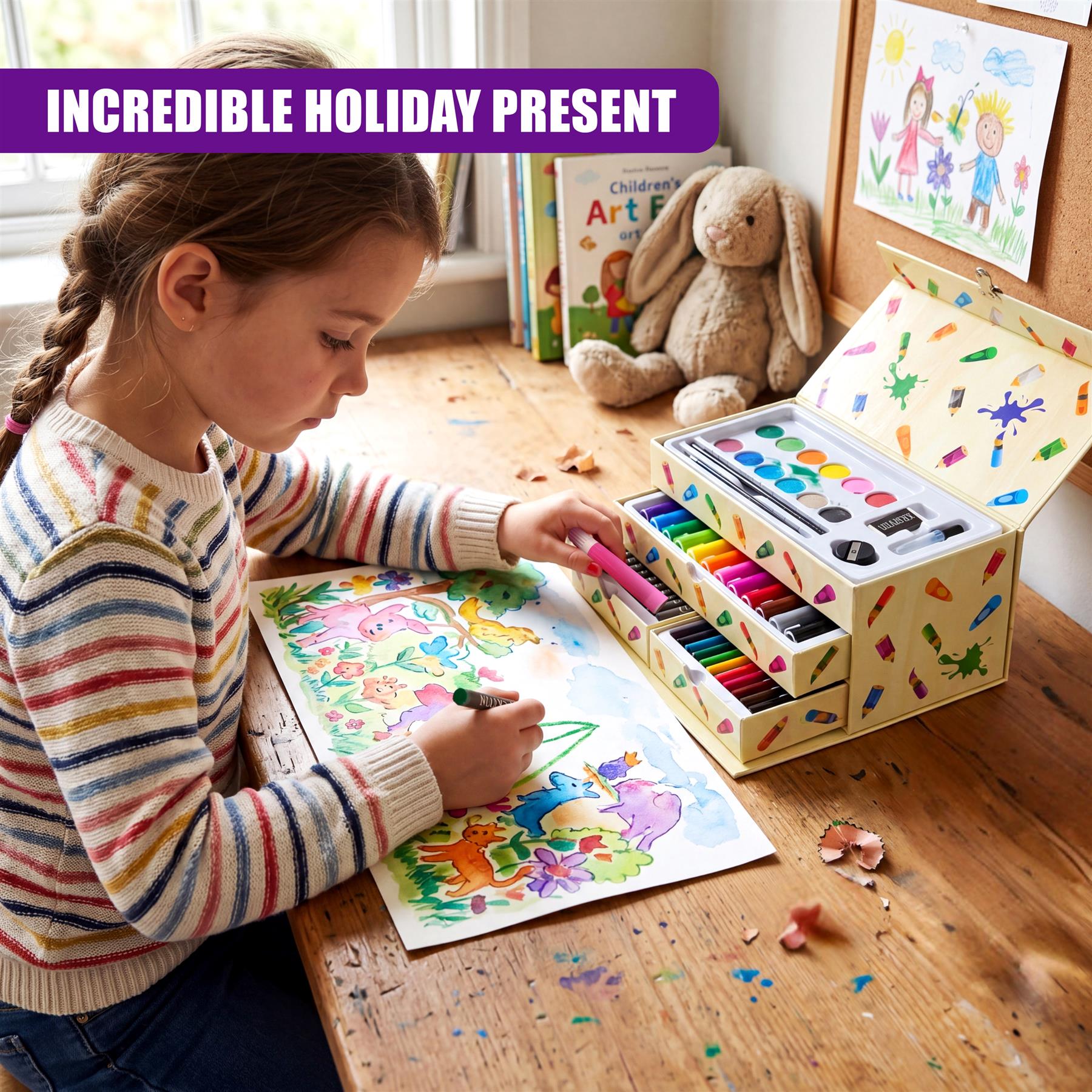 Open art kit displays colored pencils and markers next to drawing paper and supplies.