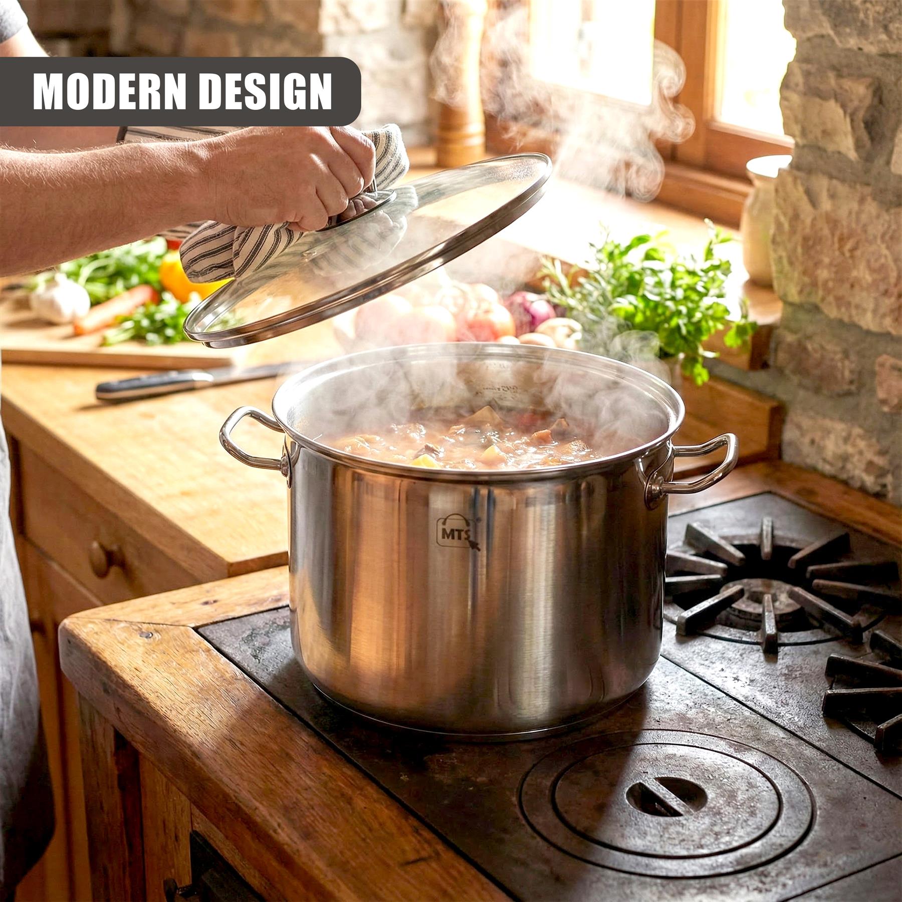 A stainless steel stock pot with a glass lid sits on a stove, emitting visible steam.