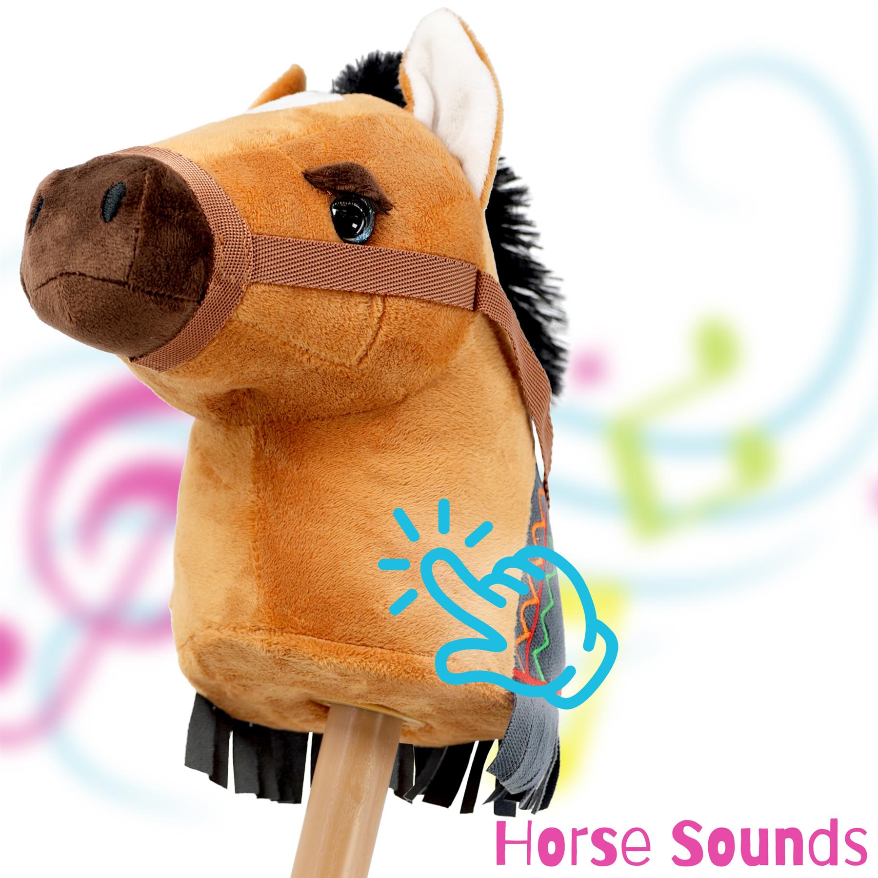 A close-up image of a soft, plush brown hobby horse toy featuring a realistic horse head with a halter and detailed facial features. The horse makes sounds when a button is pressed, indicated by a hand icon. The background is colorful and whimsical, enhancing the playful nature of the toy. Perfect for imaginative play. themagictoyshop.