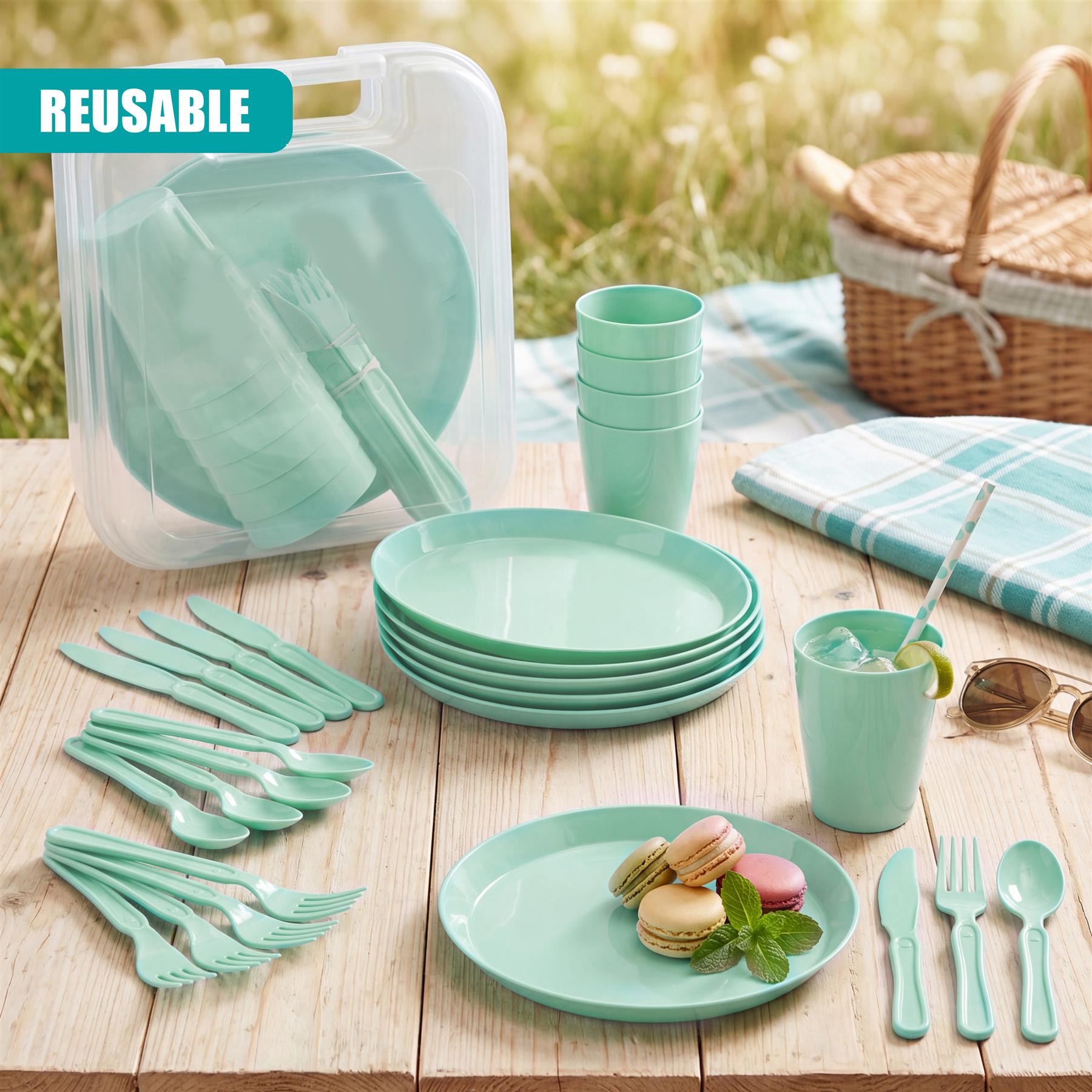 Assorted green melamine dinnerware, including plates, cups, and matching eating utensils.