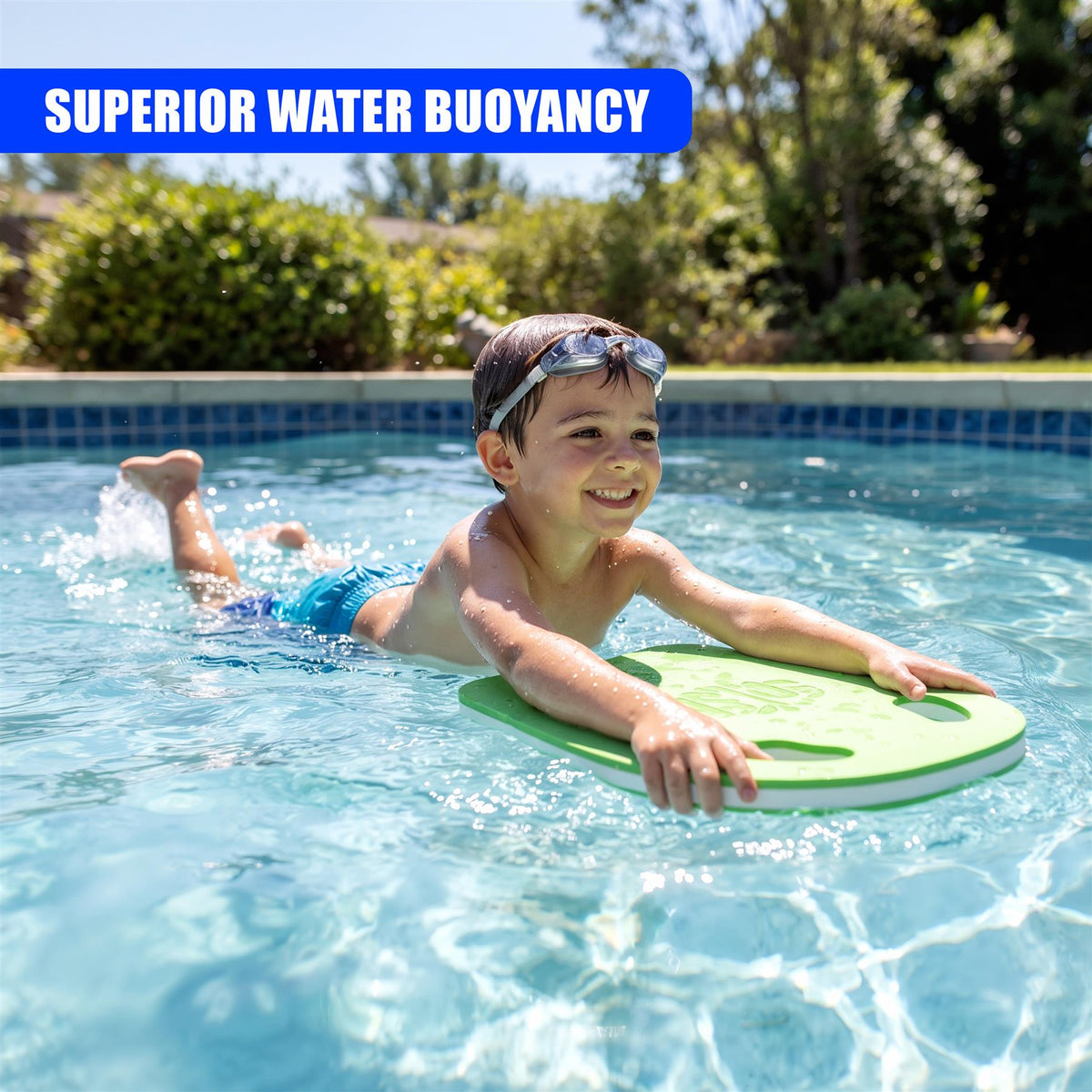 A young boy floats in a pool using a green EVA foam kickboard float with a swim goggles
