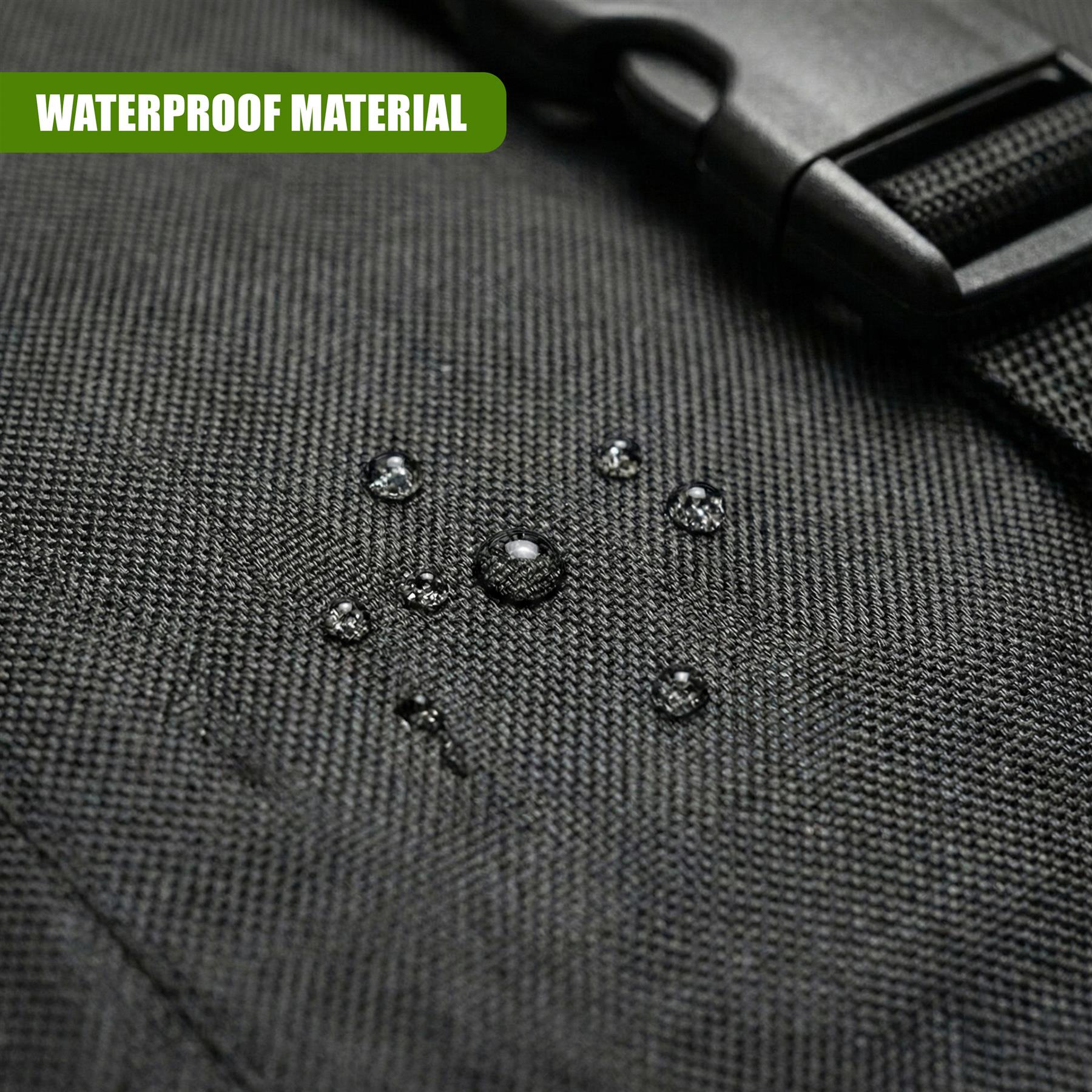 A close-up of a water-resistant backpack's fabric, showing water droplets on the surface. - The Magic Toy Shop