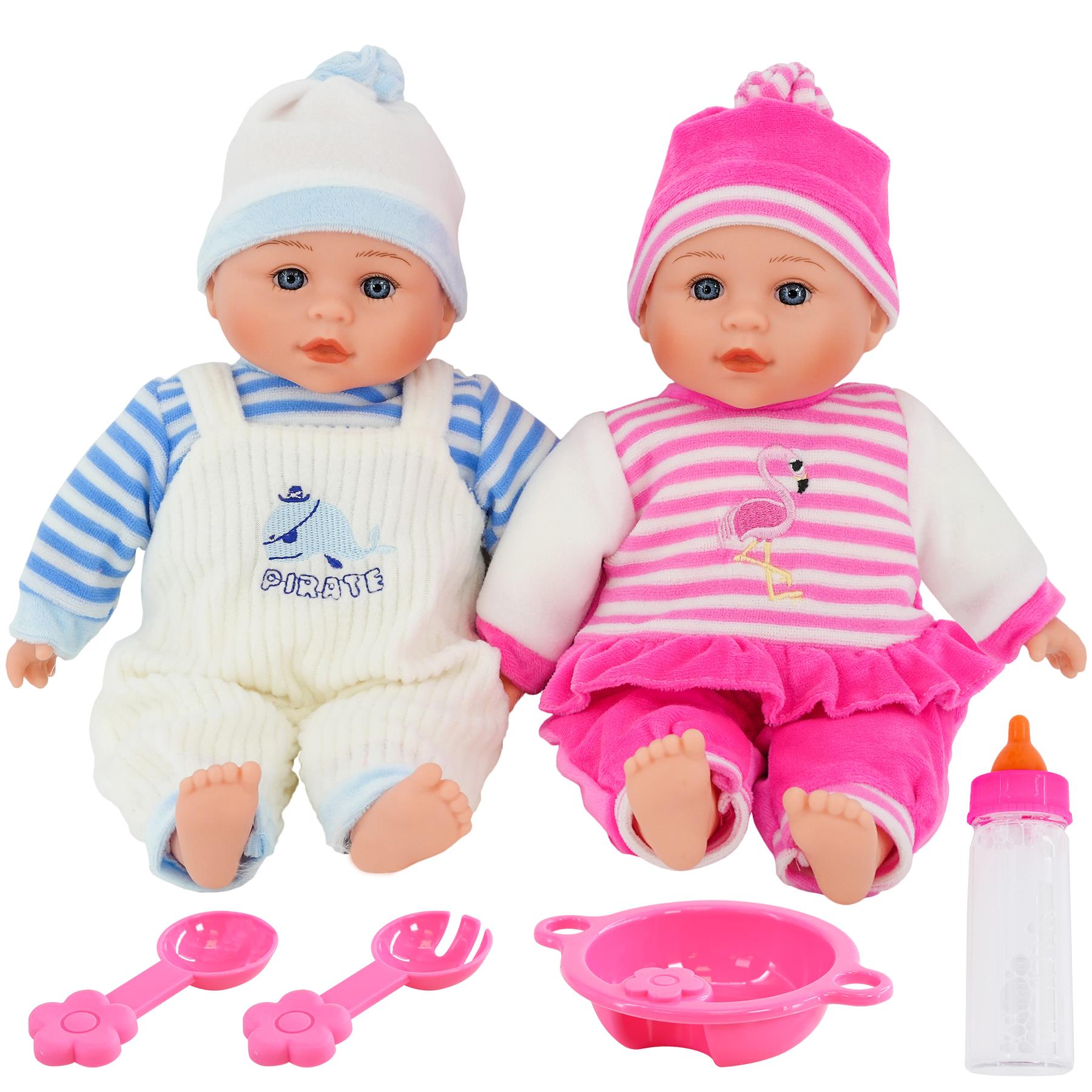 13” Twin Dolls Set With Sounds, Feeding Set & Magic Bottle by BiBi Doll - The Magic Toy Shop