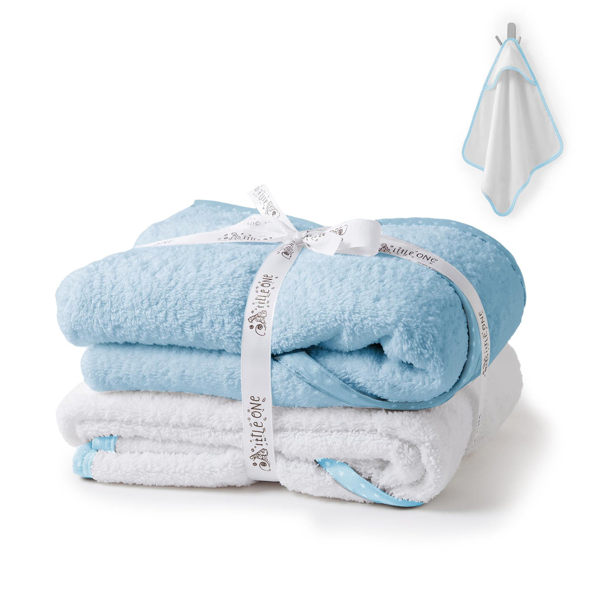 Pack of 2 hooded GEEZY baby bath towels stacked together with a matching washcloth