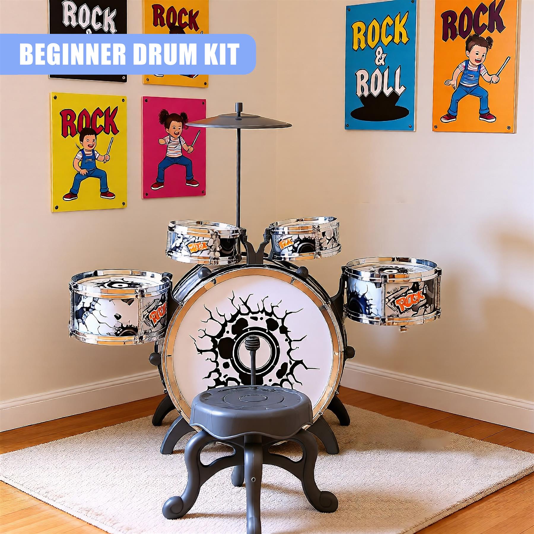 A child's drum set, complete with a drum, cymbals, and a stool, sitting on a rug in a corner of a room. The drum set has a white and black design with a rock music theme. The walls around it are cream-colored, with several posters on them featuring cartoon kids playing instruments. The poster in the top left corner reads "ROCK" in large, bold letters. The room is warm and inviting, with a rug and a few other pieces of furniture, making it a cozy and fun place for a child to play. - The Magic Toy Shop