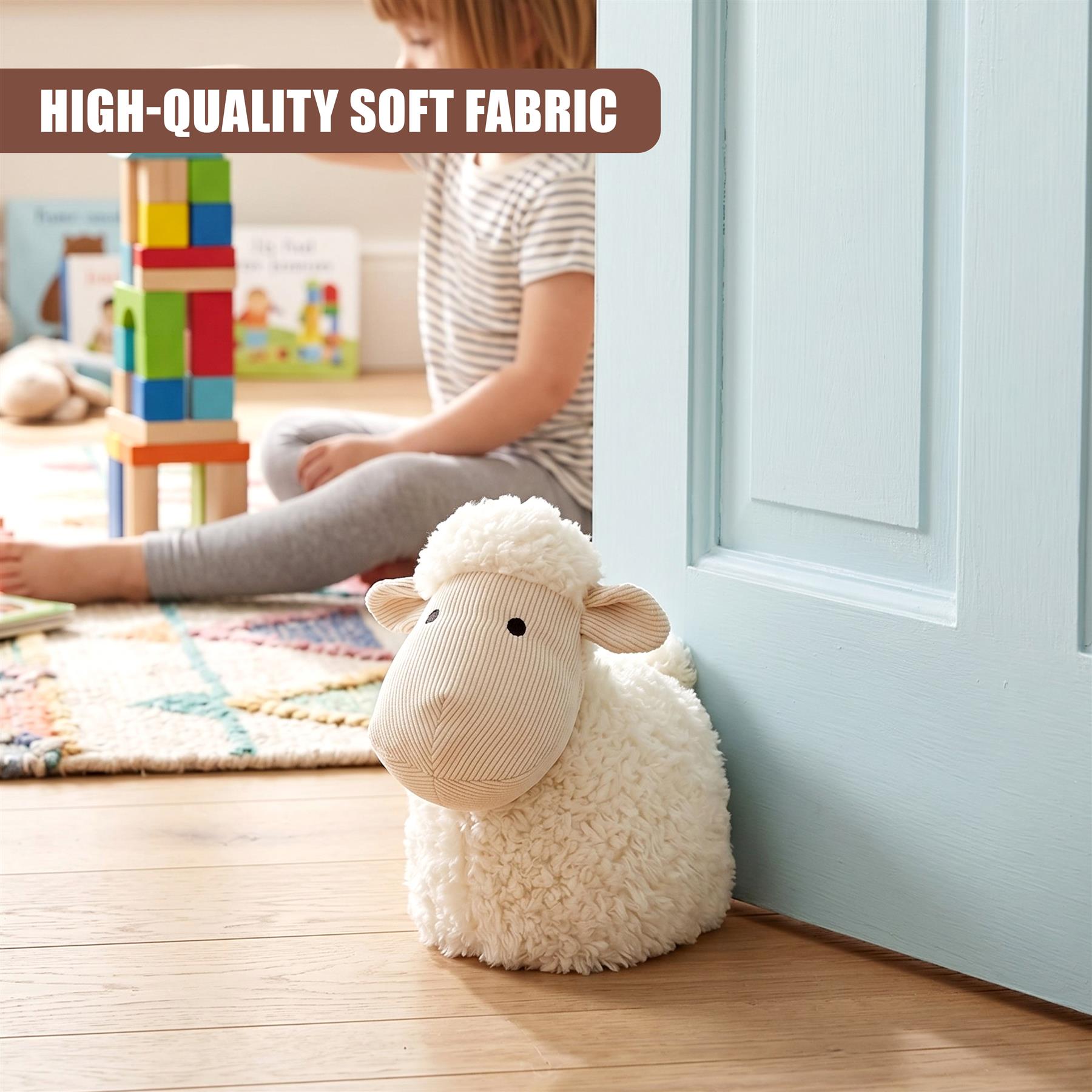 Fluffy stuffed sheep novelty door stopper rests near a light blue door.