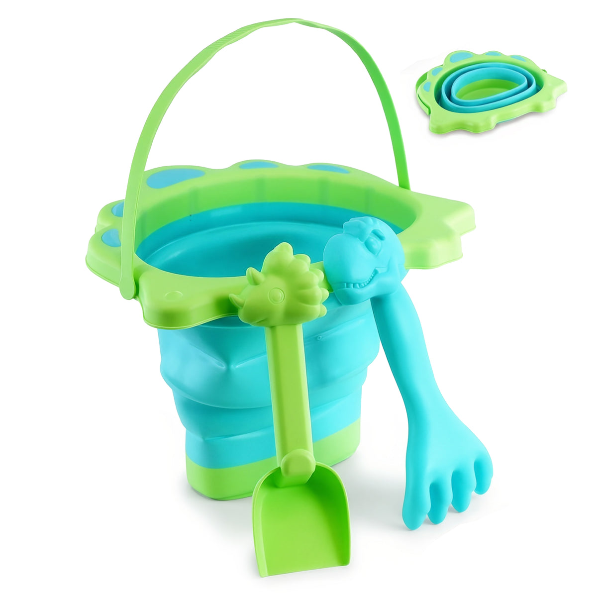 Collapsible beach bucket and spade set, featuring a turtle design, in green and blue