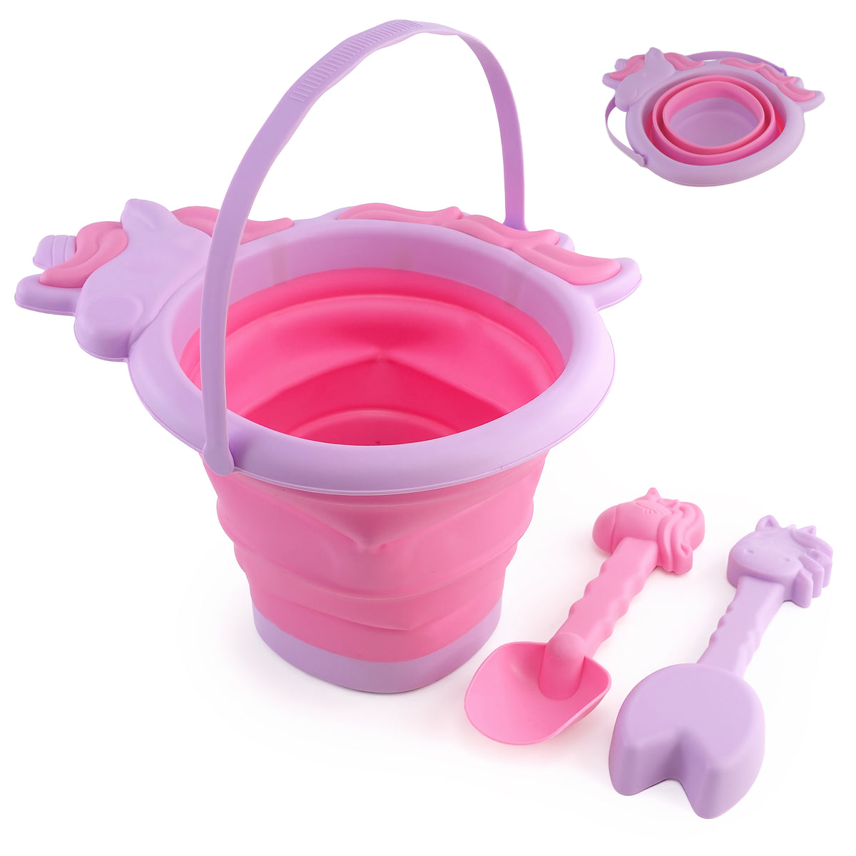 Pink and purple collapsible beach bucket and spade set, with two spades, from The Magic Toy Shop