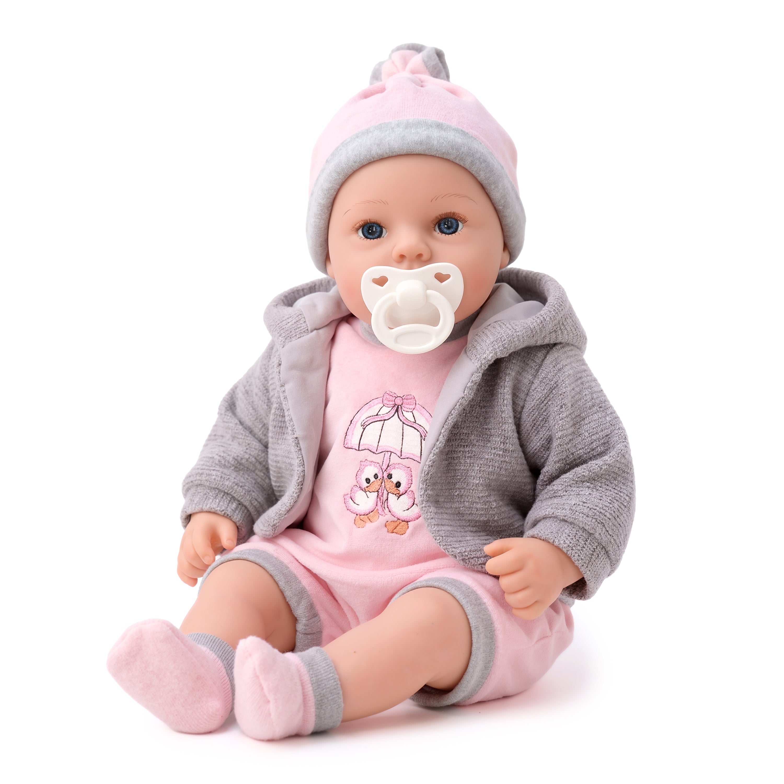 Baby Girl Doll With Dummy & Sounds Grey