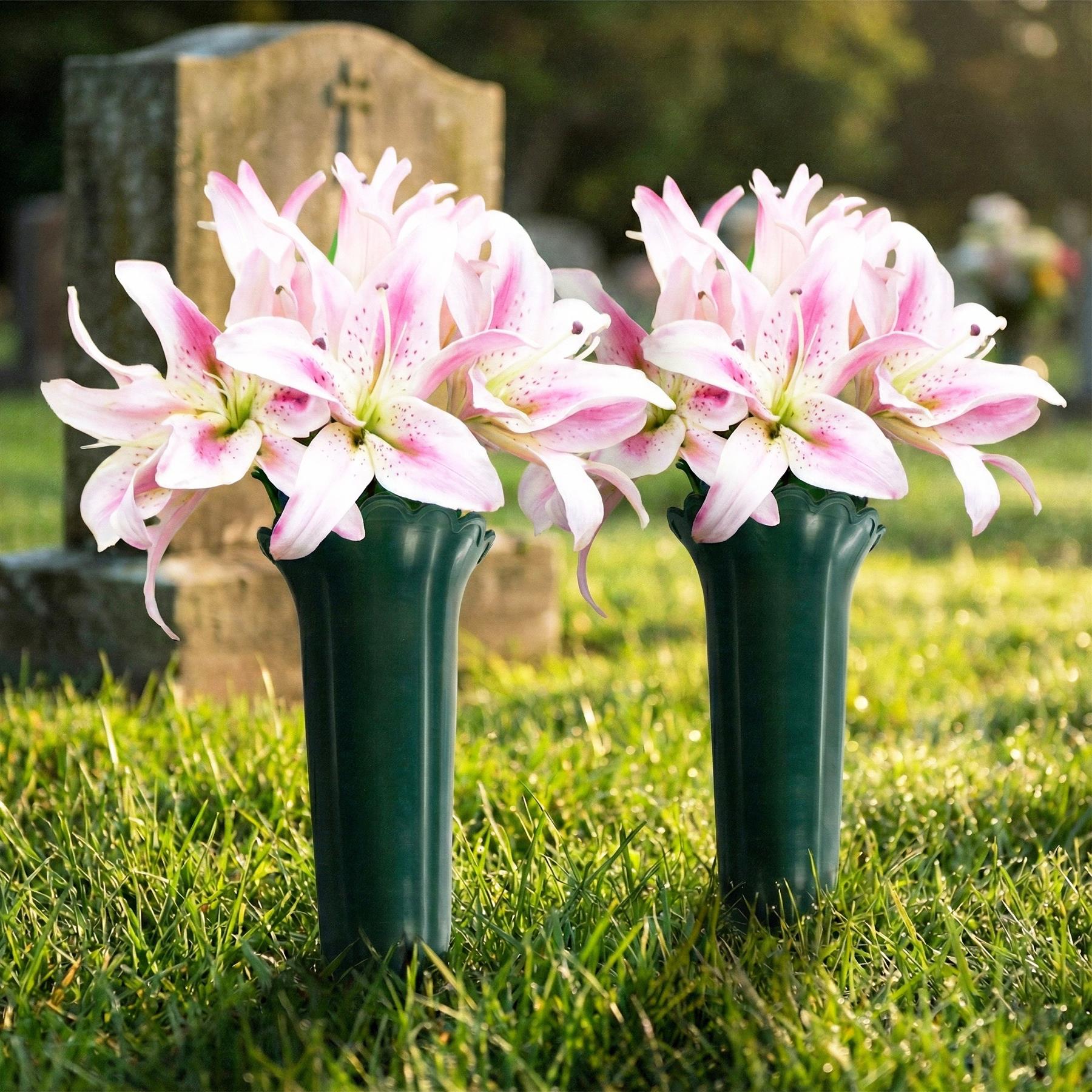 Set of 2 Green Spiked Memorial Grave Flower Vases