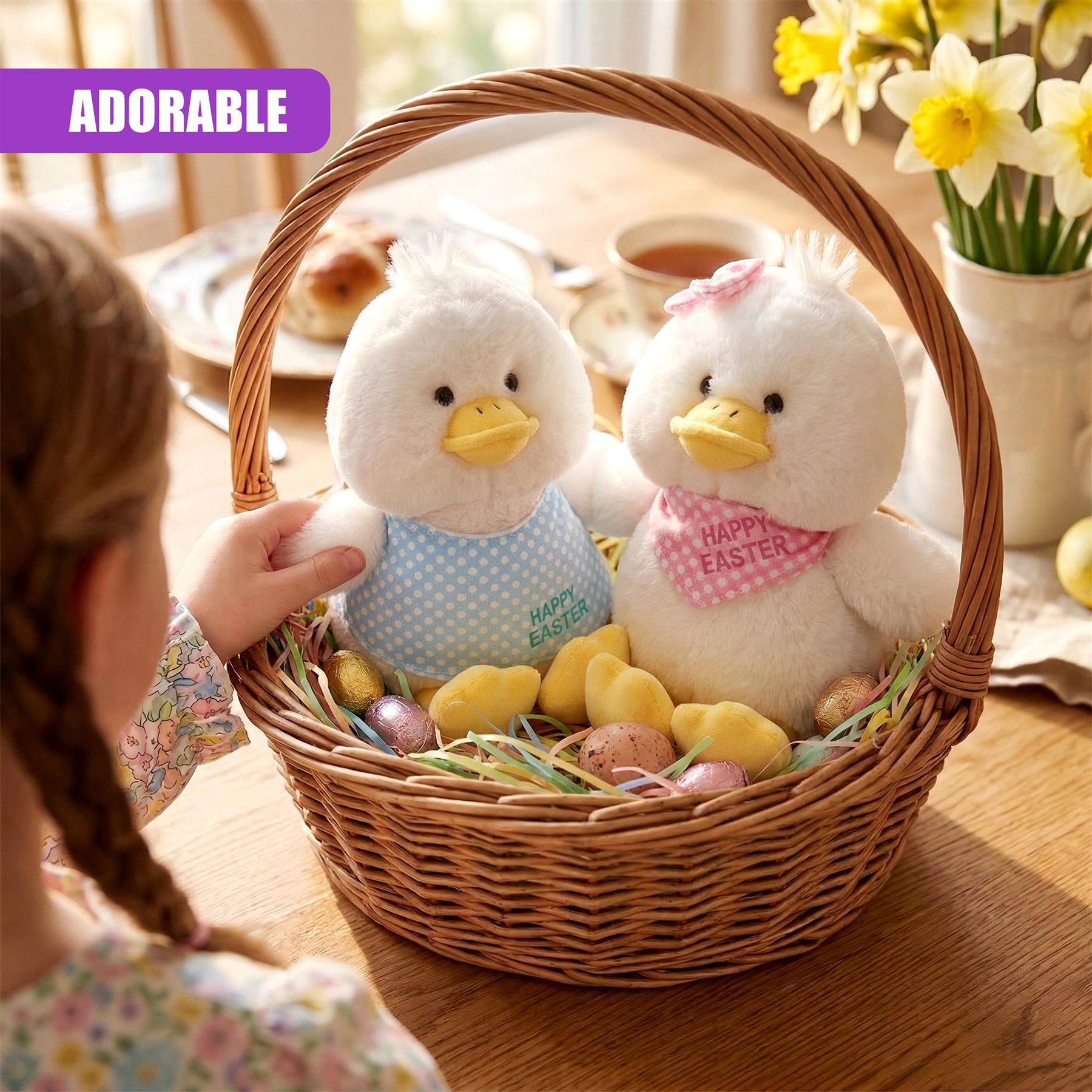 Soft plush chicks sit in a woven basket surrounded by colored speckled Easter eggs.