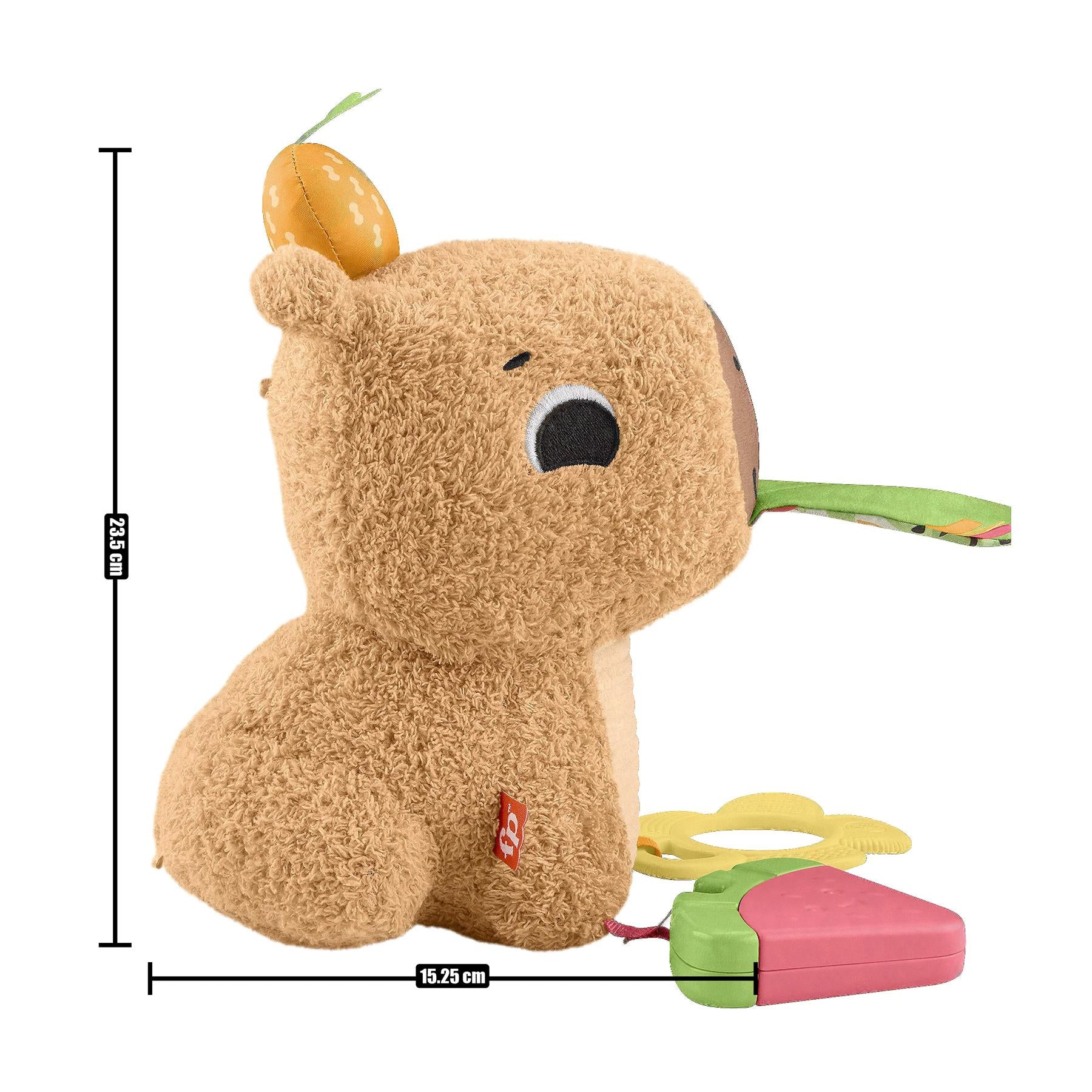 Tan plush capybara toy with attached sensory accessories and a small colored storage case.