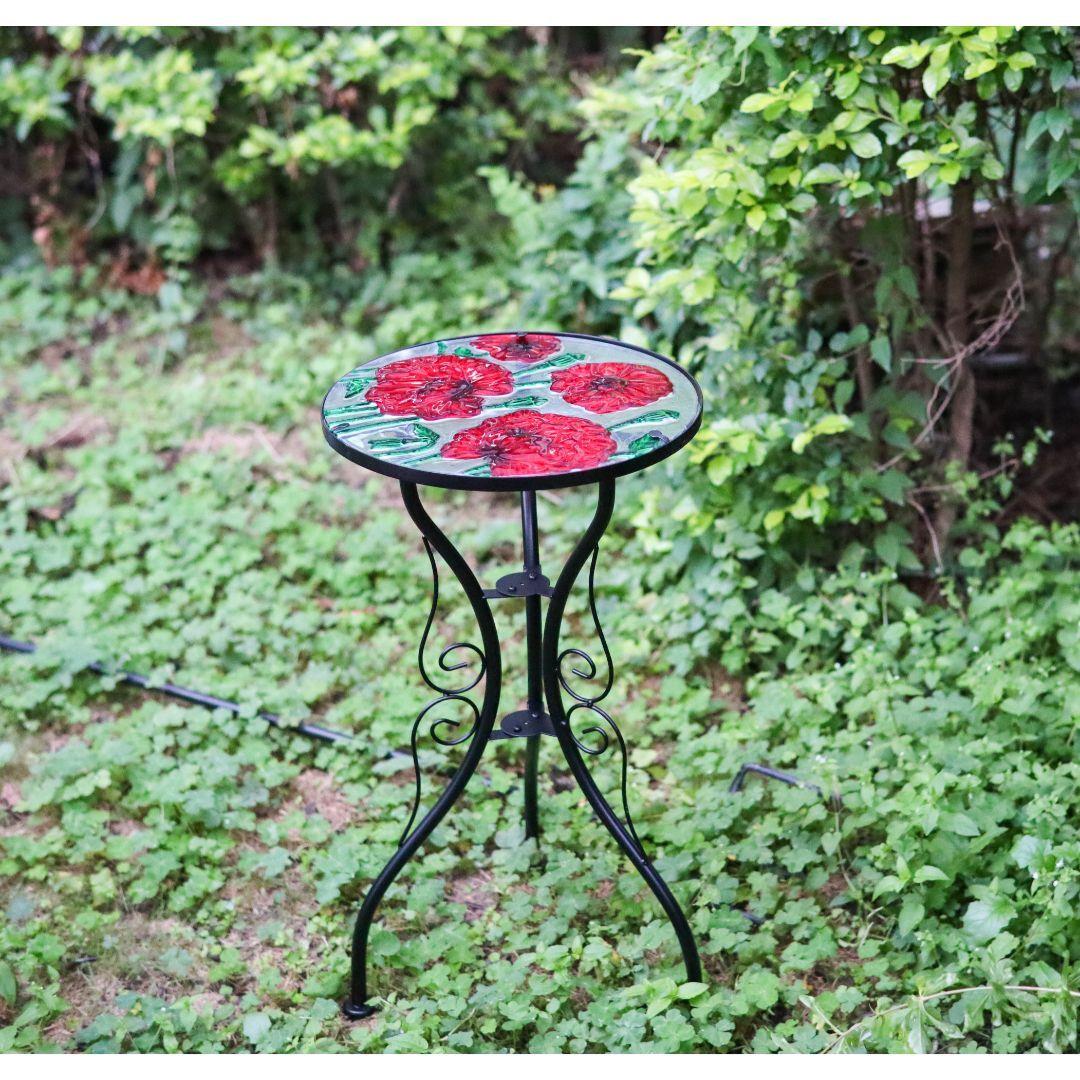 Geezy Round Side Mosaic Garden Table With Poppies Design