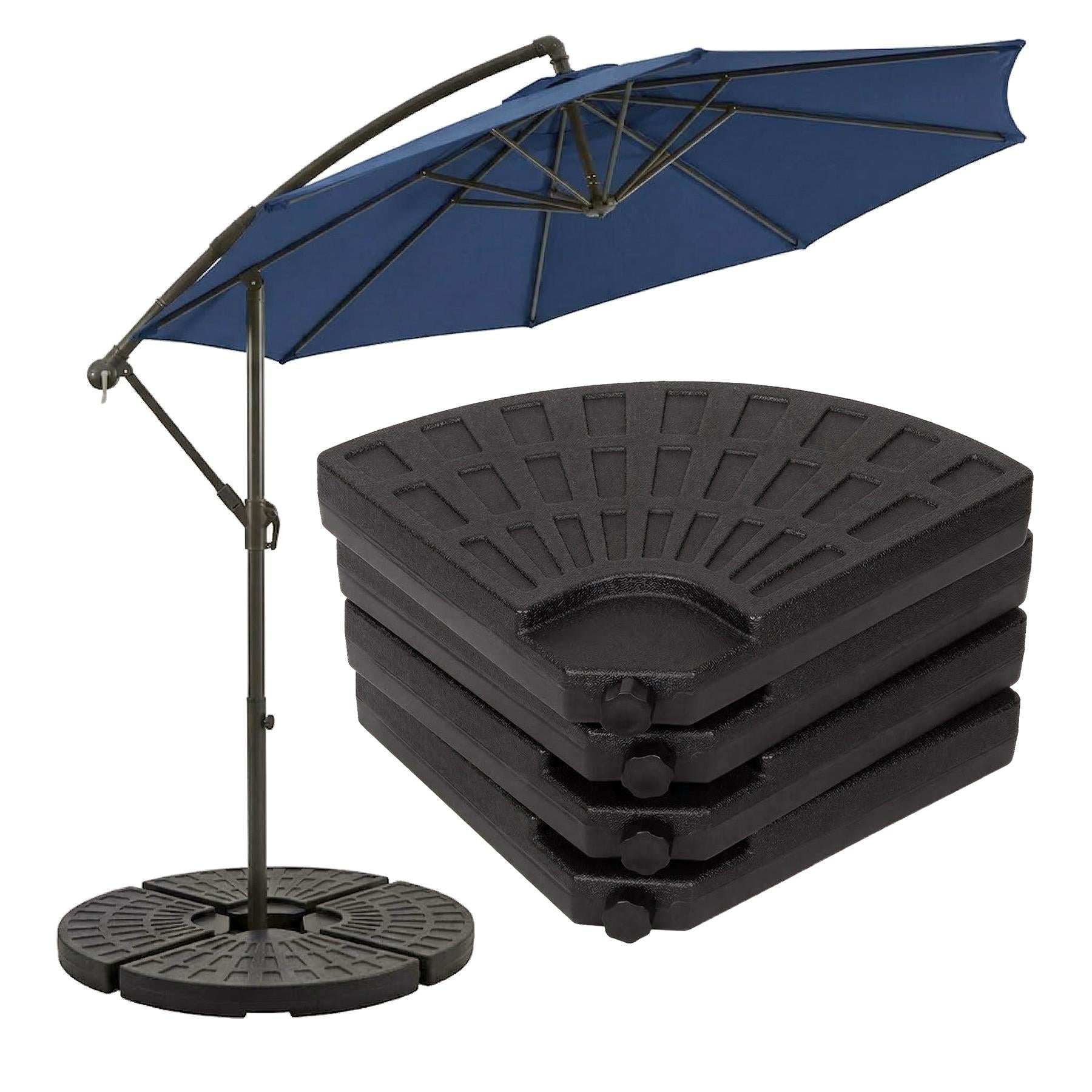 Navy blue cantilever parasol with a black round base, paired with a stack of black, patterned circular ground weights.