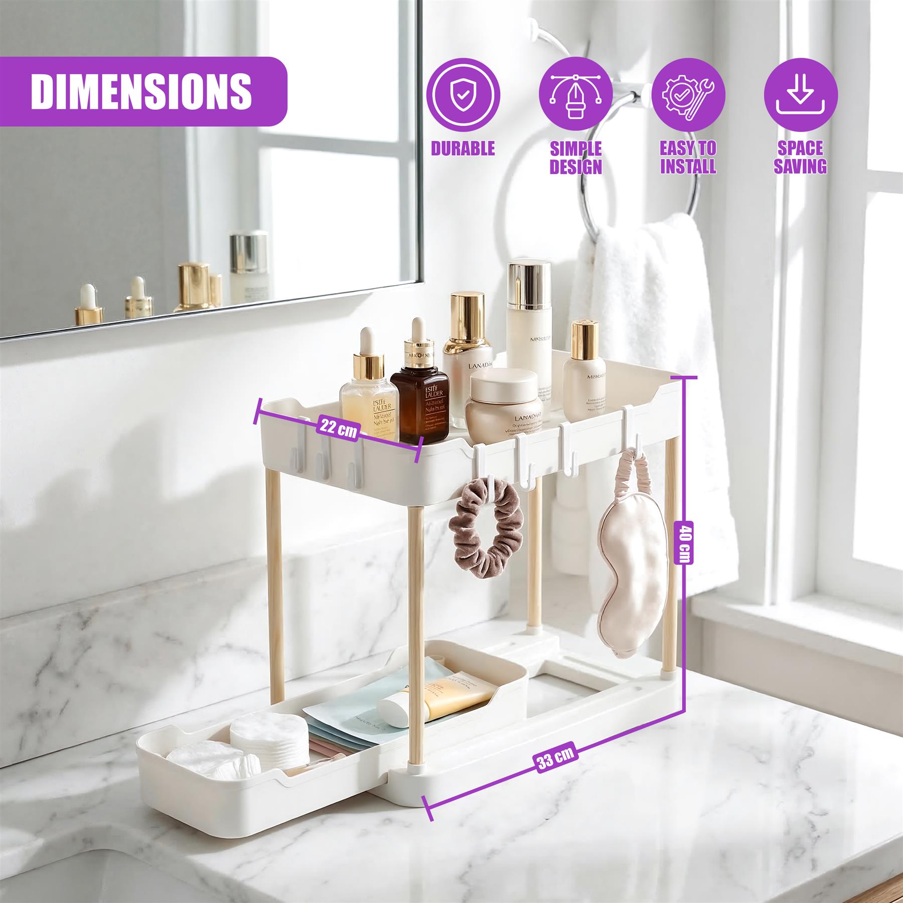 Rectangular, two-tier bathroom organizer with a pull-out drawer for holding toiletries and cosmetics.