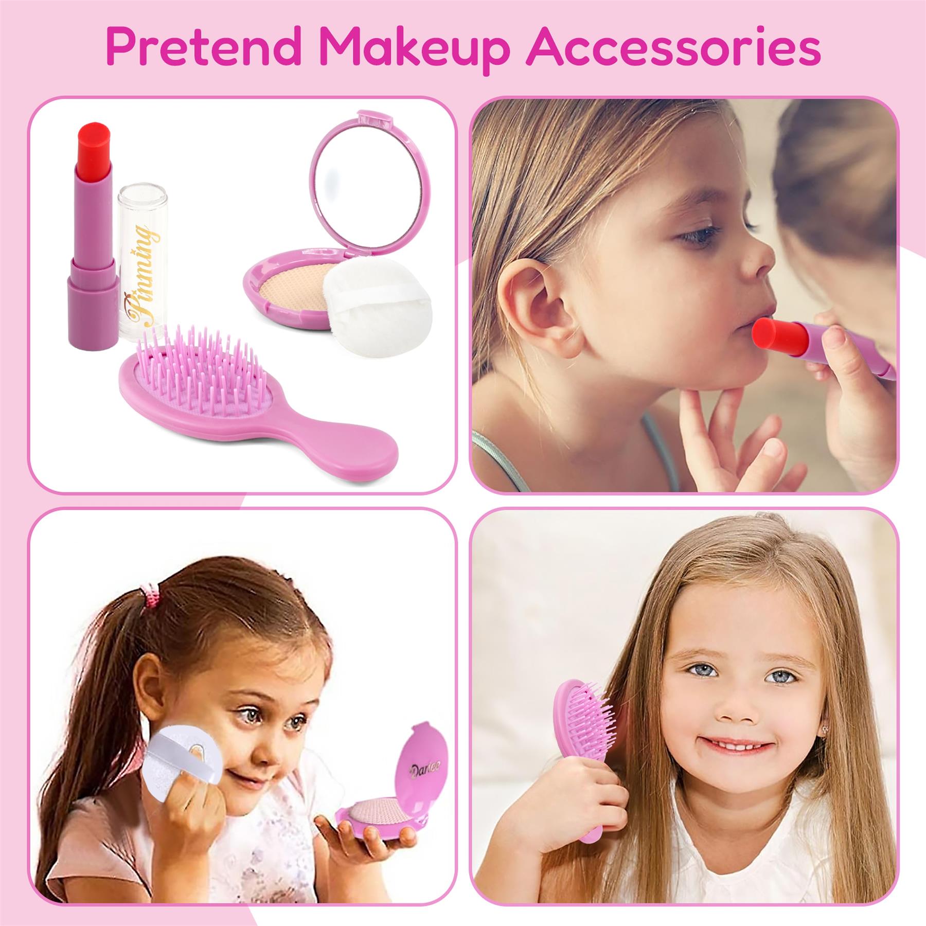 Various toy makeup items including nail polish, brushes, and a mini purse for pretend play activities.