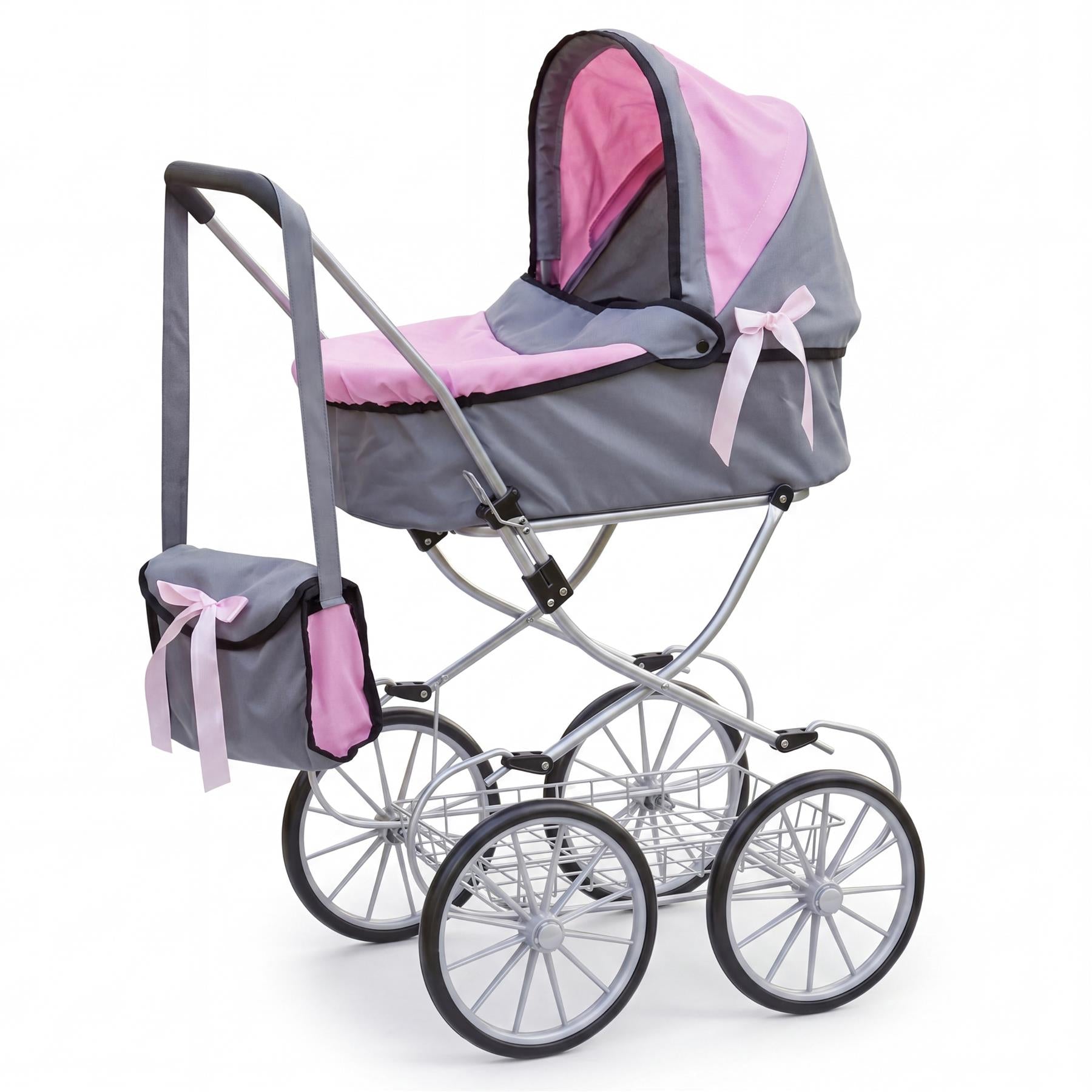 Miniature doll pram featuring gray and pink fabric, four spoked wheels, and a matching carrying bag.