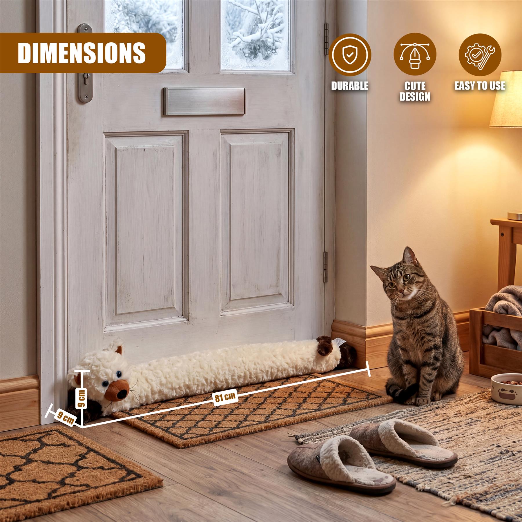 Plush cat draught excluder rests on the floor in front of a door, next to a sitting tabby cat.