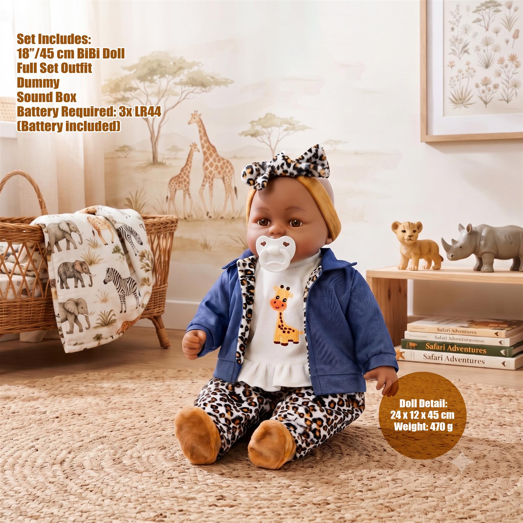 BiBi Black Baby Doll "Cheetah" (45 cm / 18")