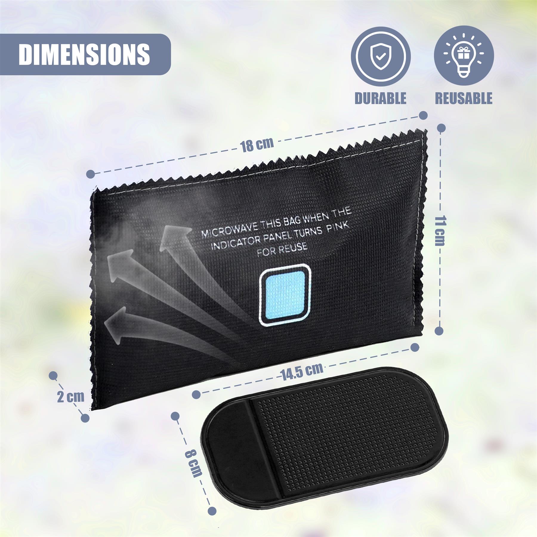 Diagram showing measurements and dimensions for two distinct rectangular black fabric bags.