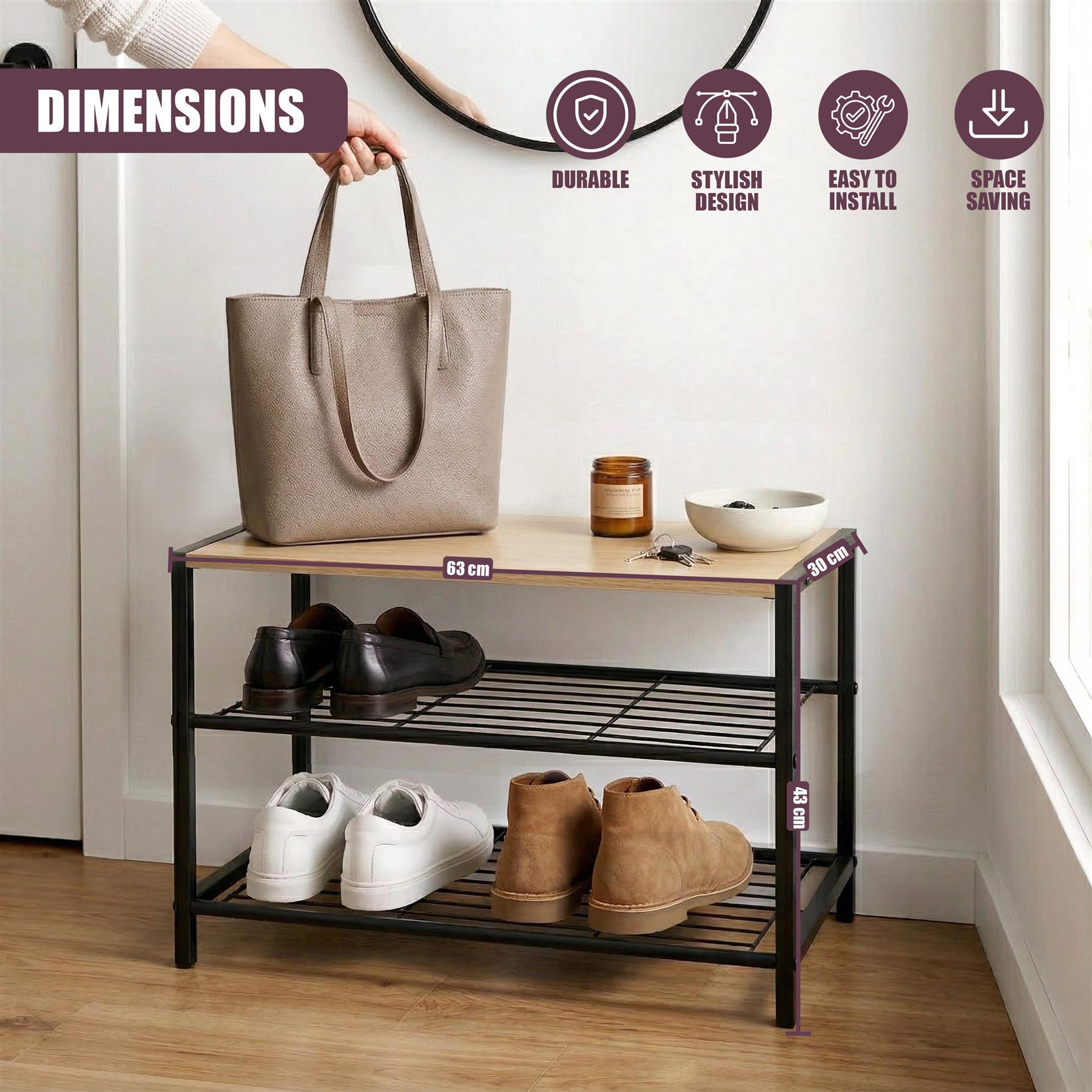 Black two-tiered shoe rack with wooden top and four pairs of shoes displayed below.