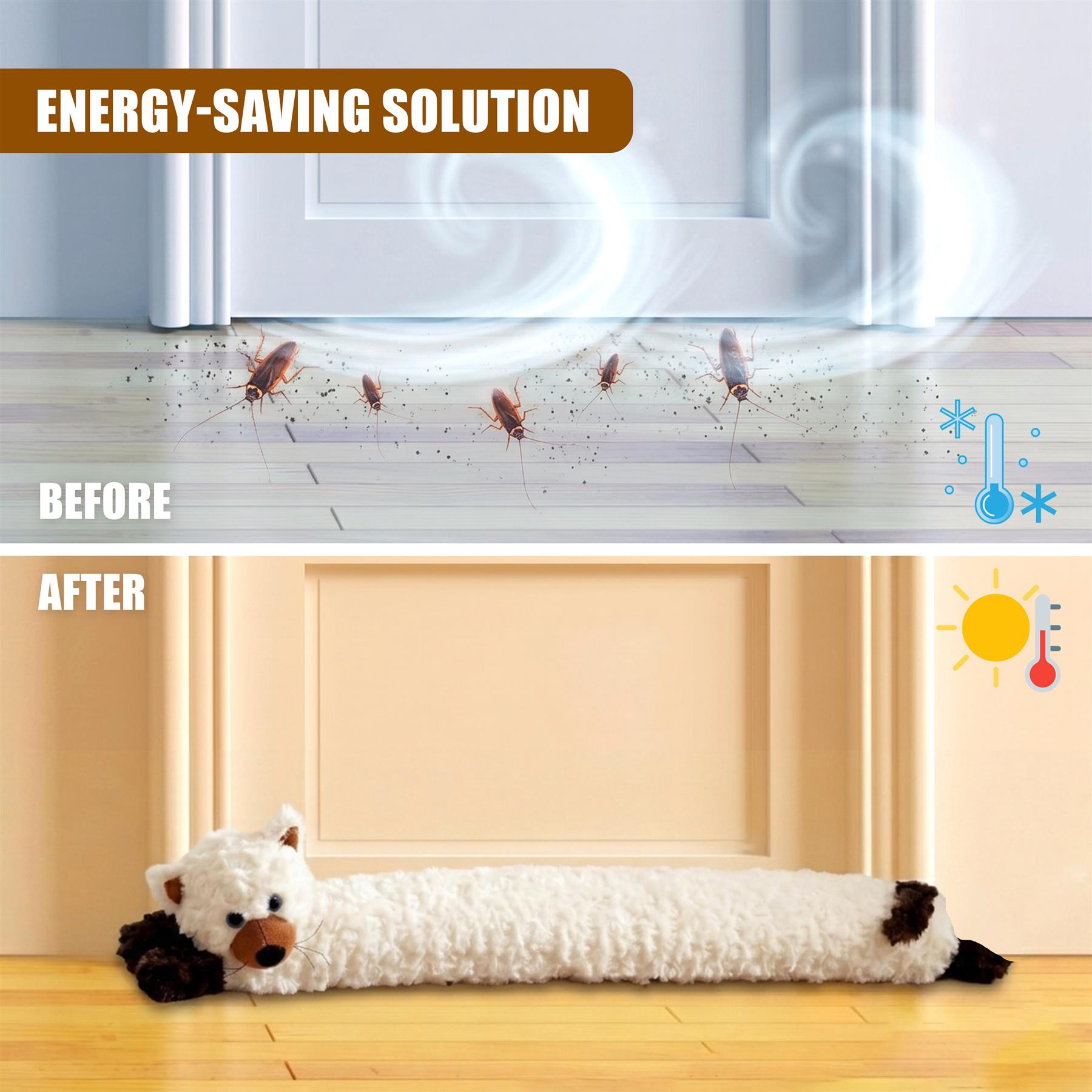 Stuffed, cream-colored cat draught excluder with black details, lying horizontally on a light wooden floor.