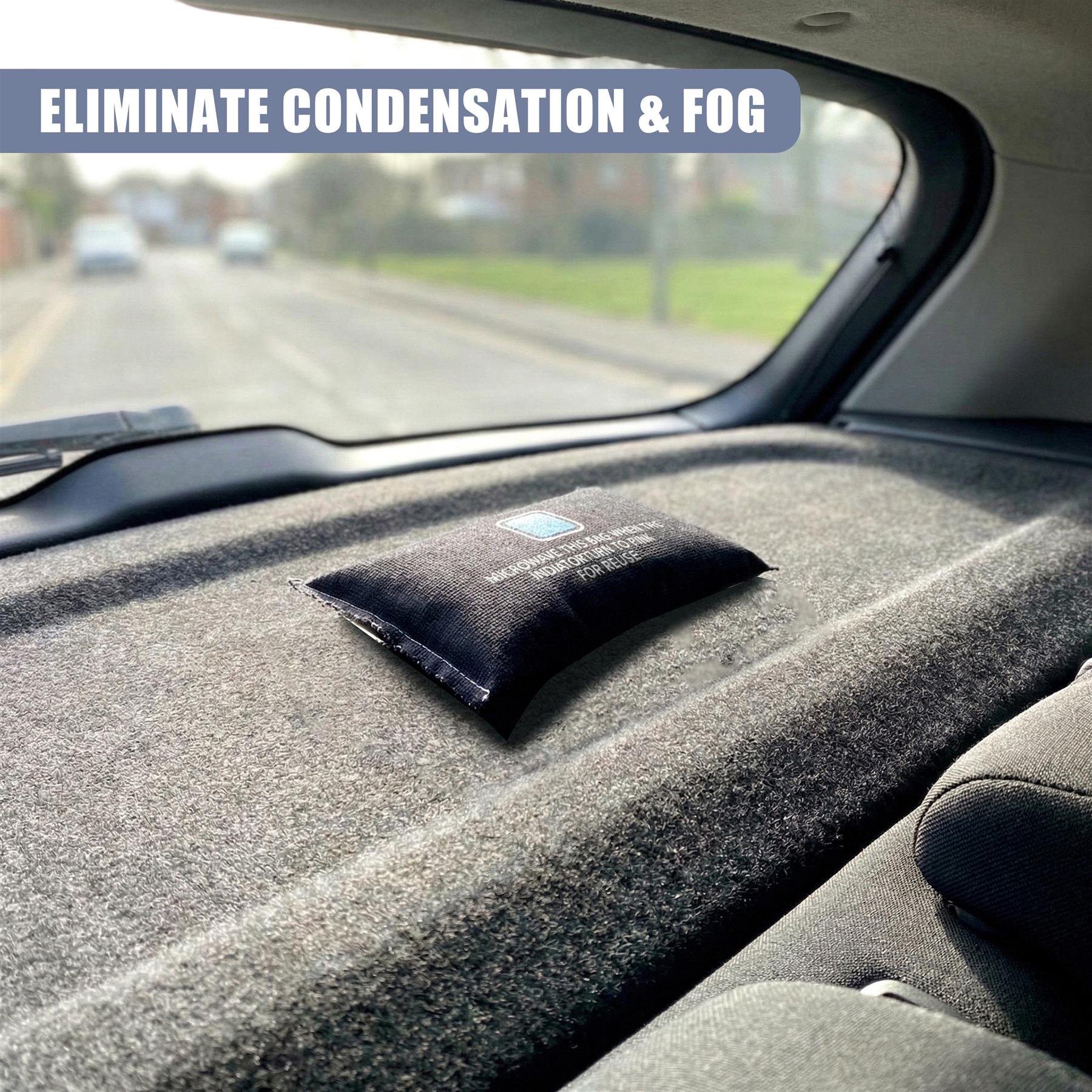Dark fabric pouch, labeled, rests on the textured gray surface of a car seat cushion.