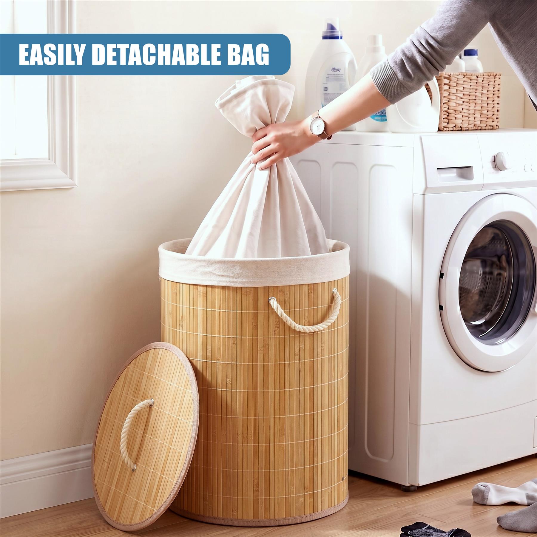 Round Bamboo Laundry Hamper 48L