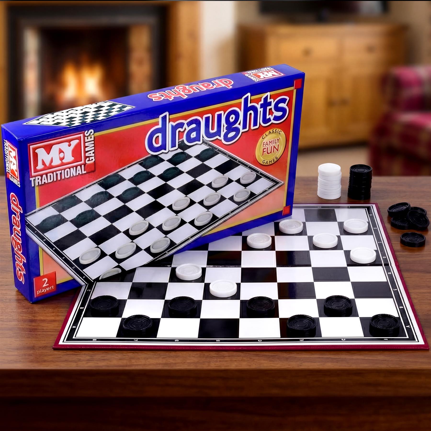 A black and white draughts board with pieces and its blue game box displayed.