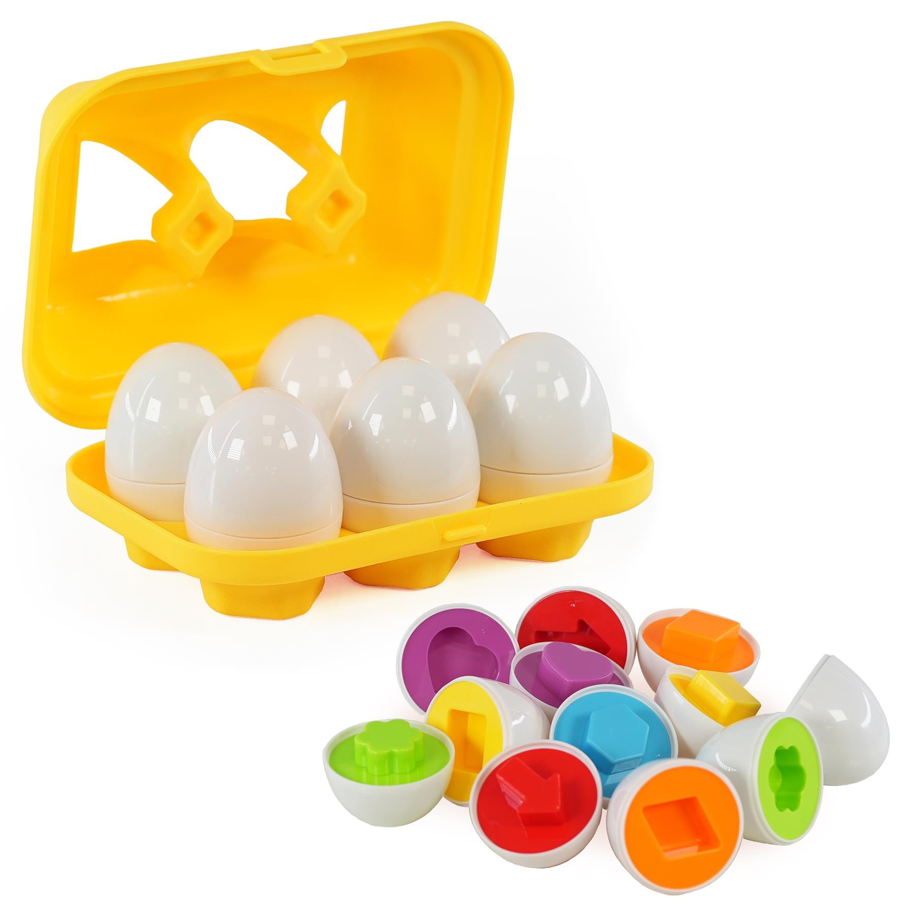 Matching Eggs toy in assorted colors and shapes for sorting practice by theMagic Toy Shop.