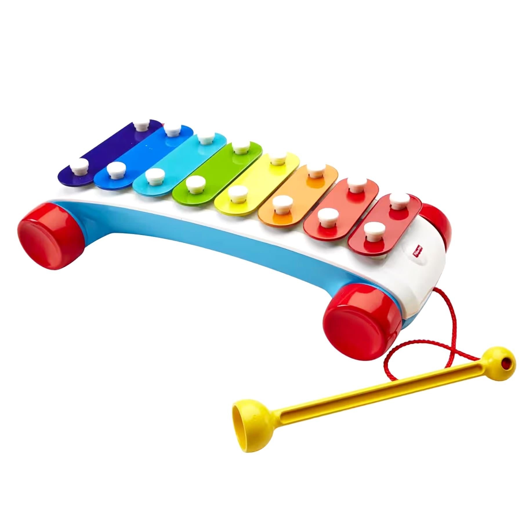 Colorful xylophone toy with multiple tone keys and an attached yellow pull-toy bar.