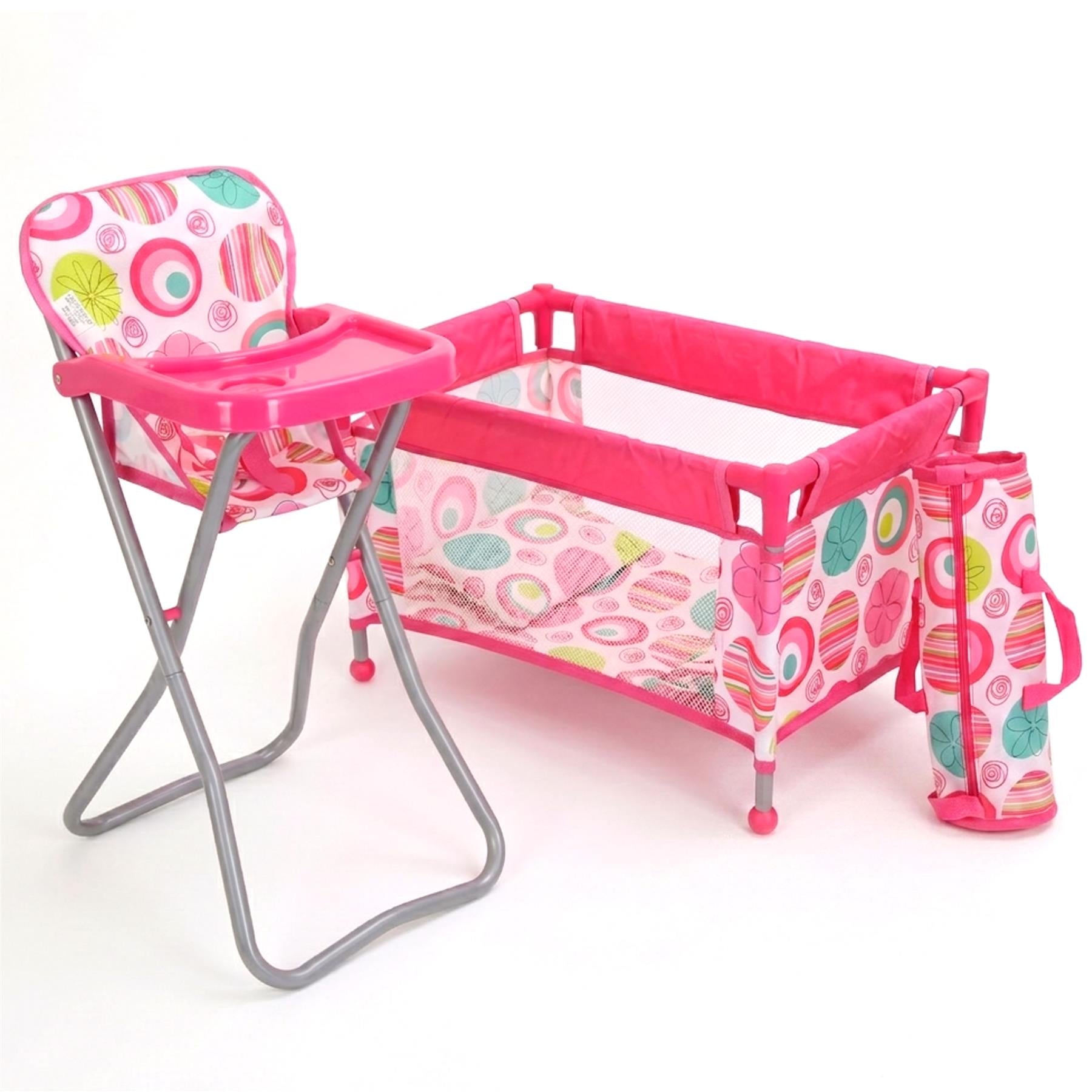 Travel high chair and baby cot set with a coordinating patterned carrying bag.