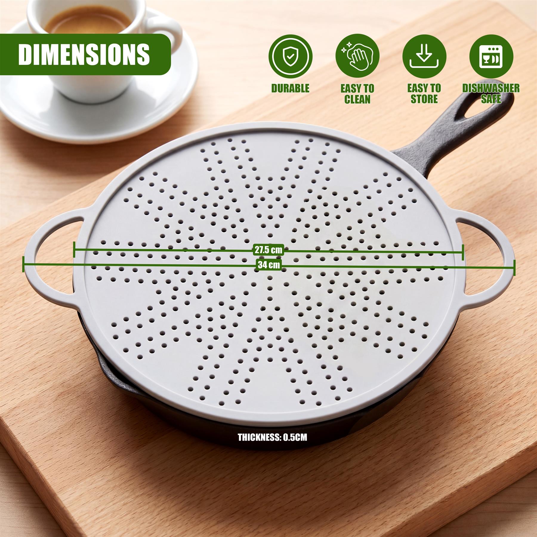 A round, grey strainer with handles is shown, displaying visible dimensions of 27.5 cm and 34 cm.