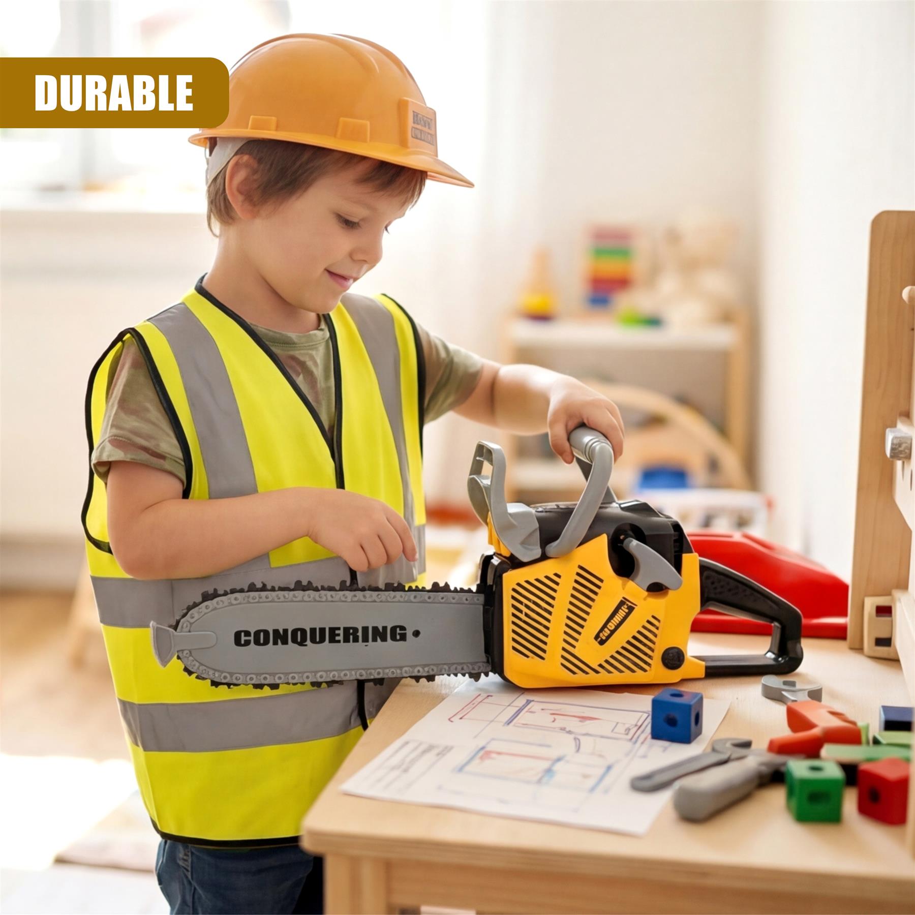 A young boy in a safety vest and hard hat holding a large yellow toy chainsaw on a wooden table.