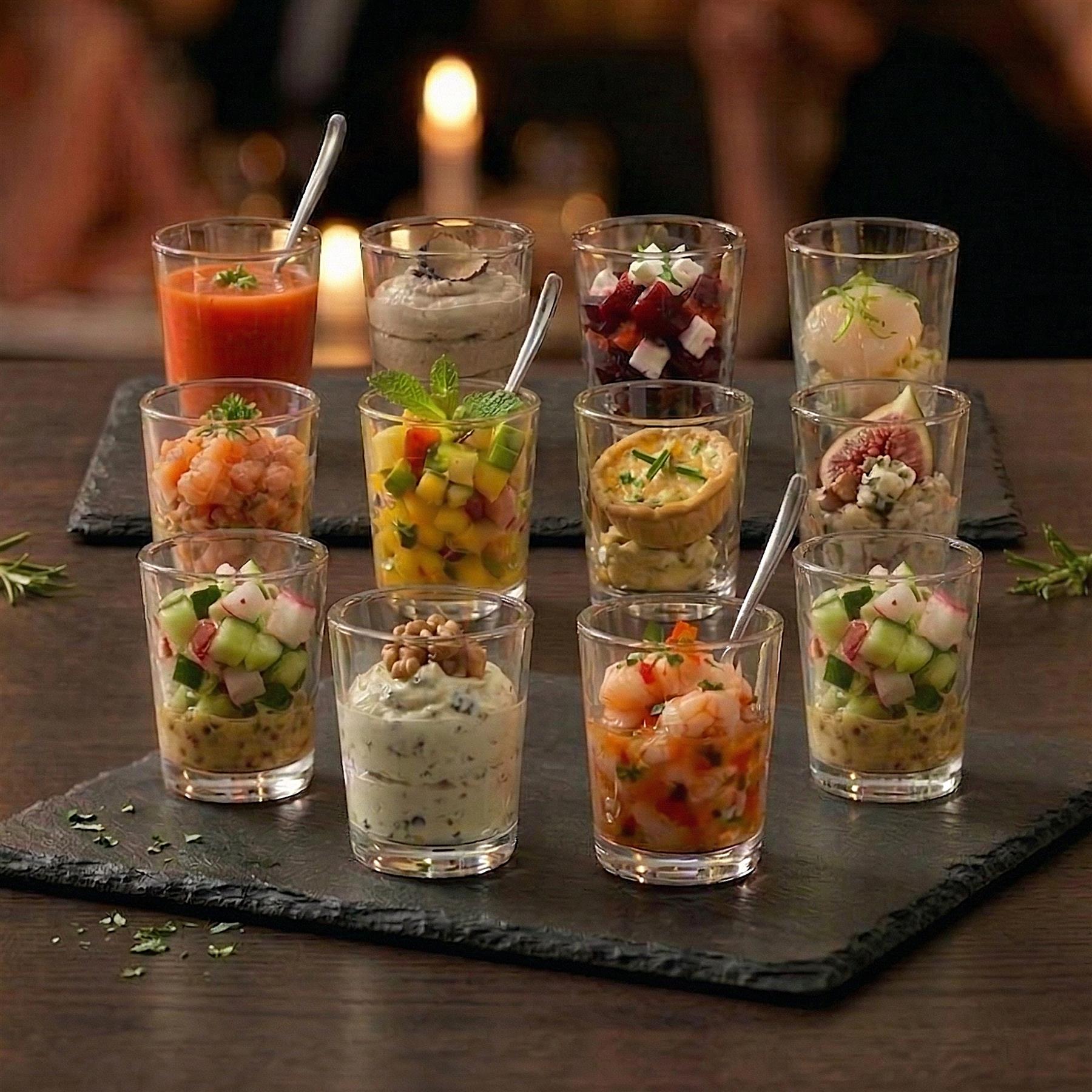 A set of twelve mini dessert glasses containing various layered appetizers and colorful foods.