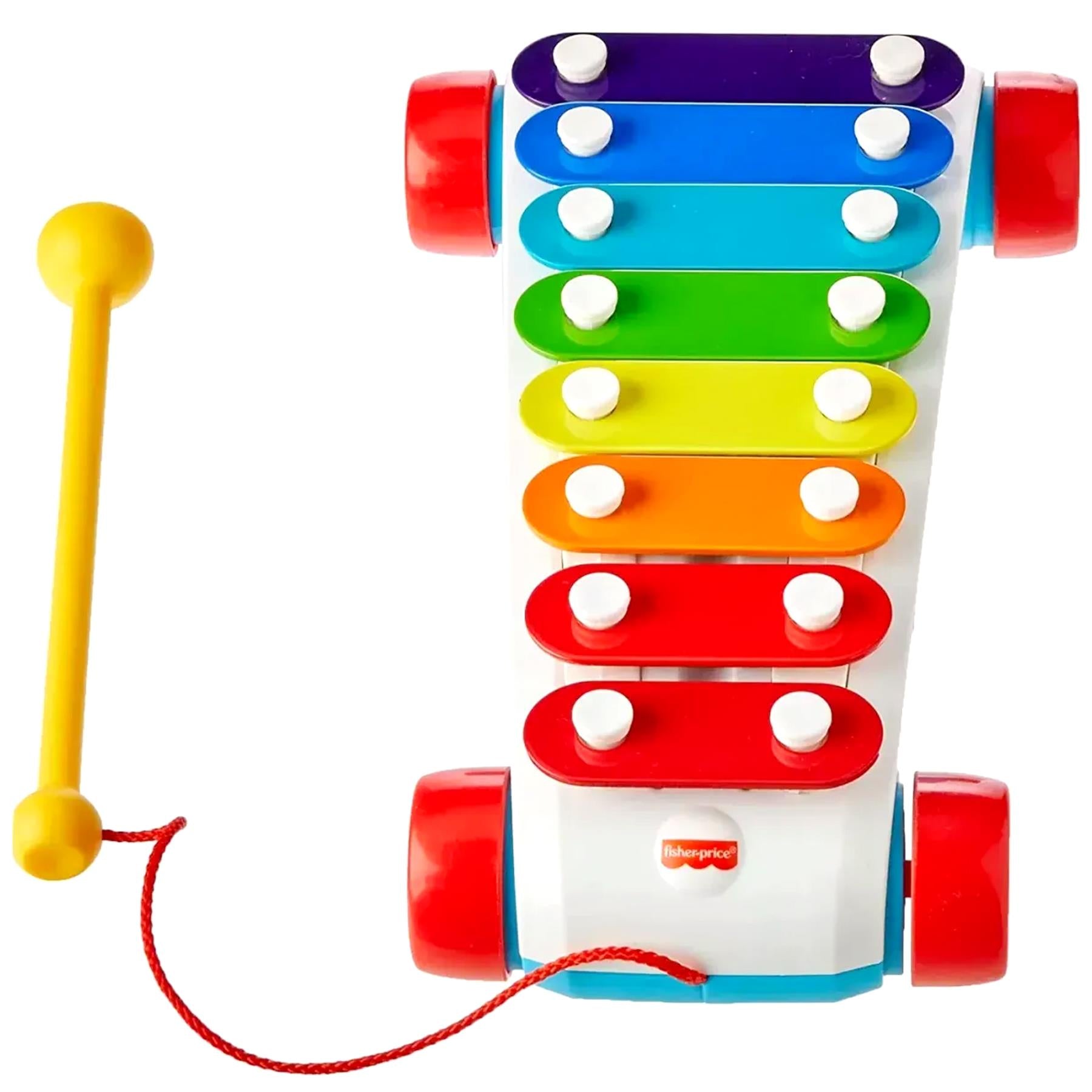Yellow pull toy attached to a white xylophone musical bar set featuring multiple colored keys.