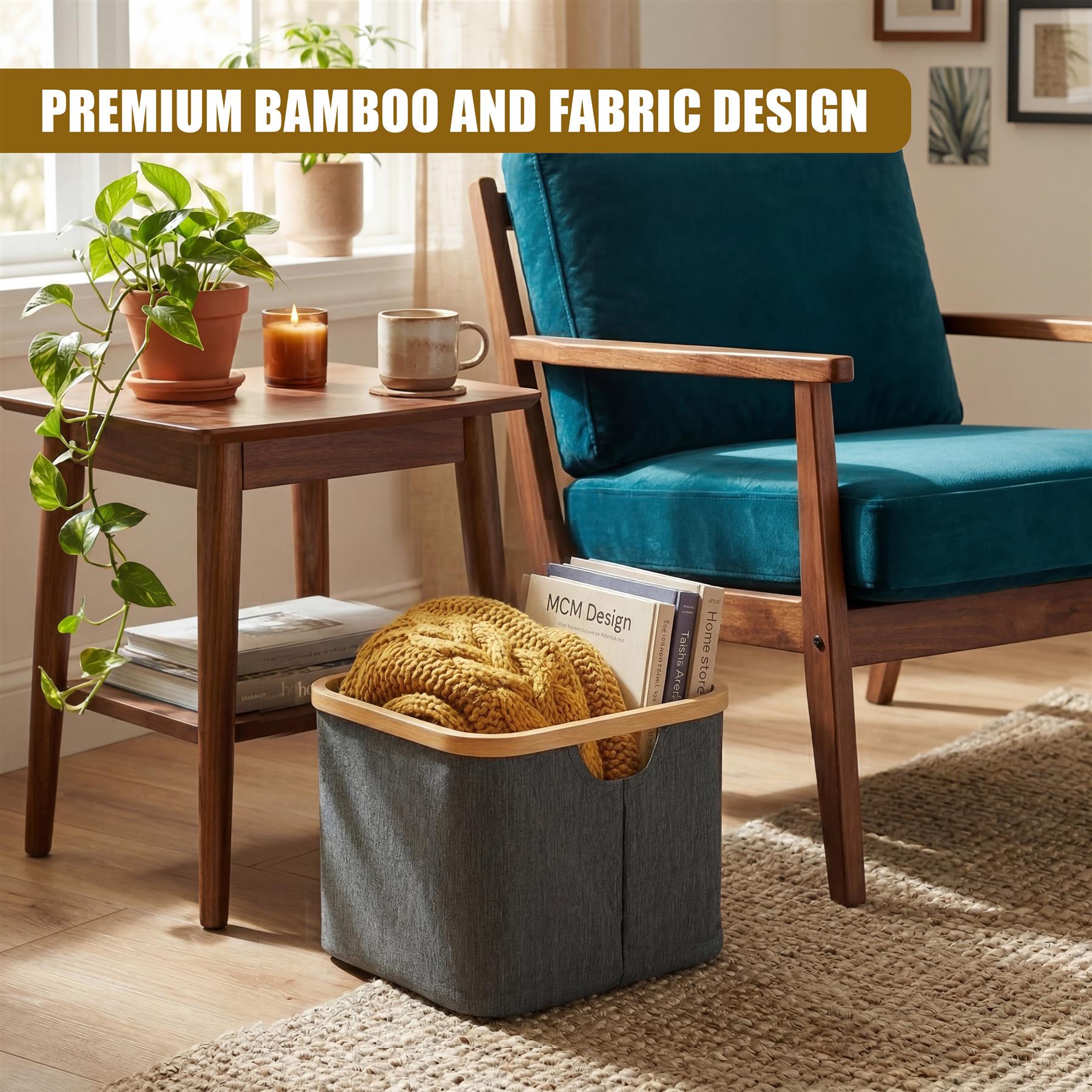 The gray fabric hamper holds folded towels near a wooden side table and an armchair.