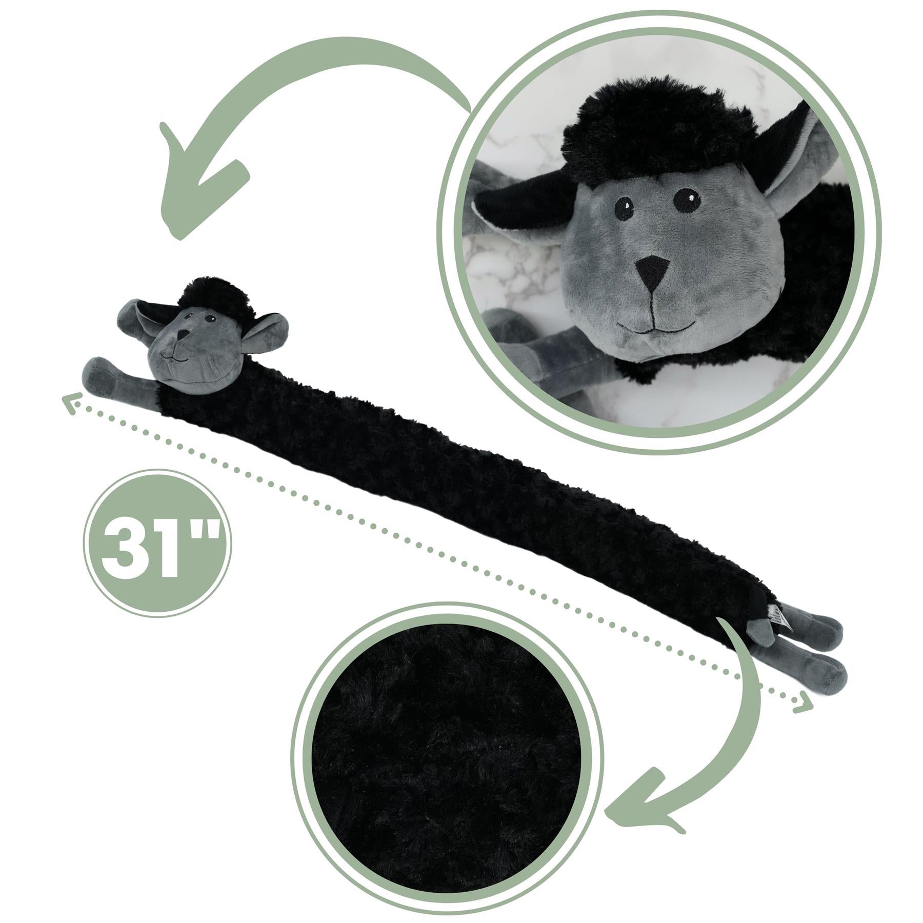 A 31-inch long black sheep door excluder featuring a plush sheep head and a fuzzy body. The design includes a cute facial expression with round eyes and big ears, perfect for adding a whimsical touch to home decor.